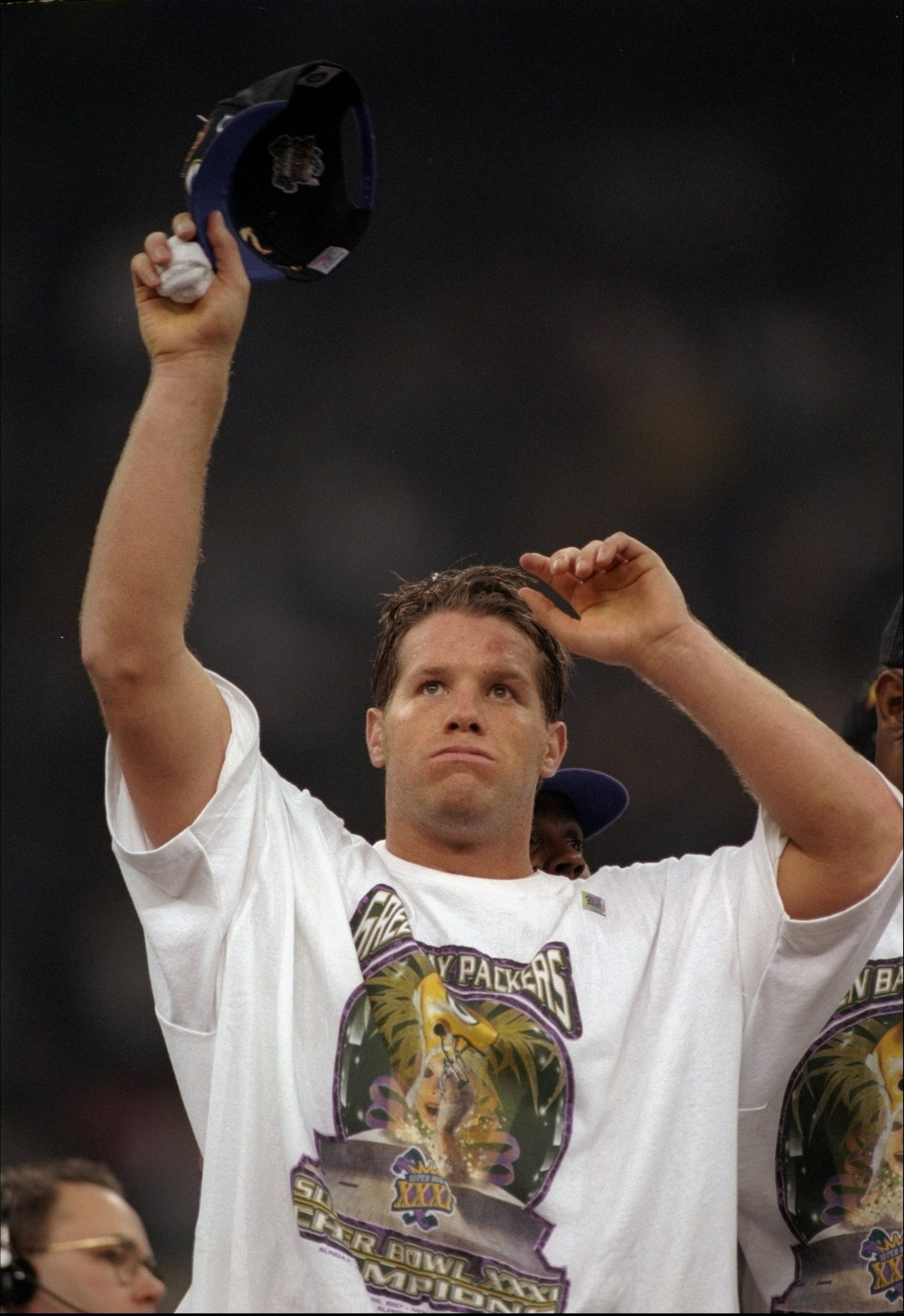 26 Jan 1997:  Quarterback Brett Favre of the Green Bay Packers celebrates after Super Bowl XXXI against the New England Patriots at the Superdome in New Orleans, Louisiana.  The Packers won the game, 35-21. Mandatory Credit: Al Bello  /Allsport