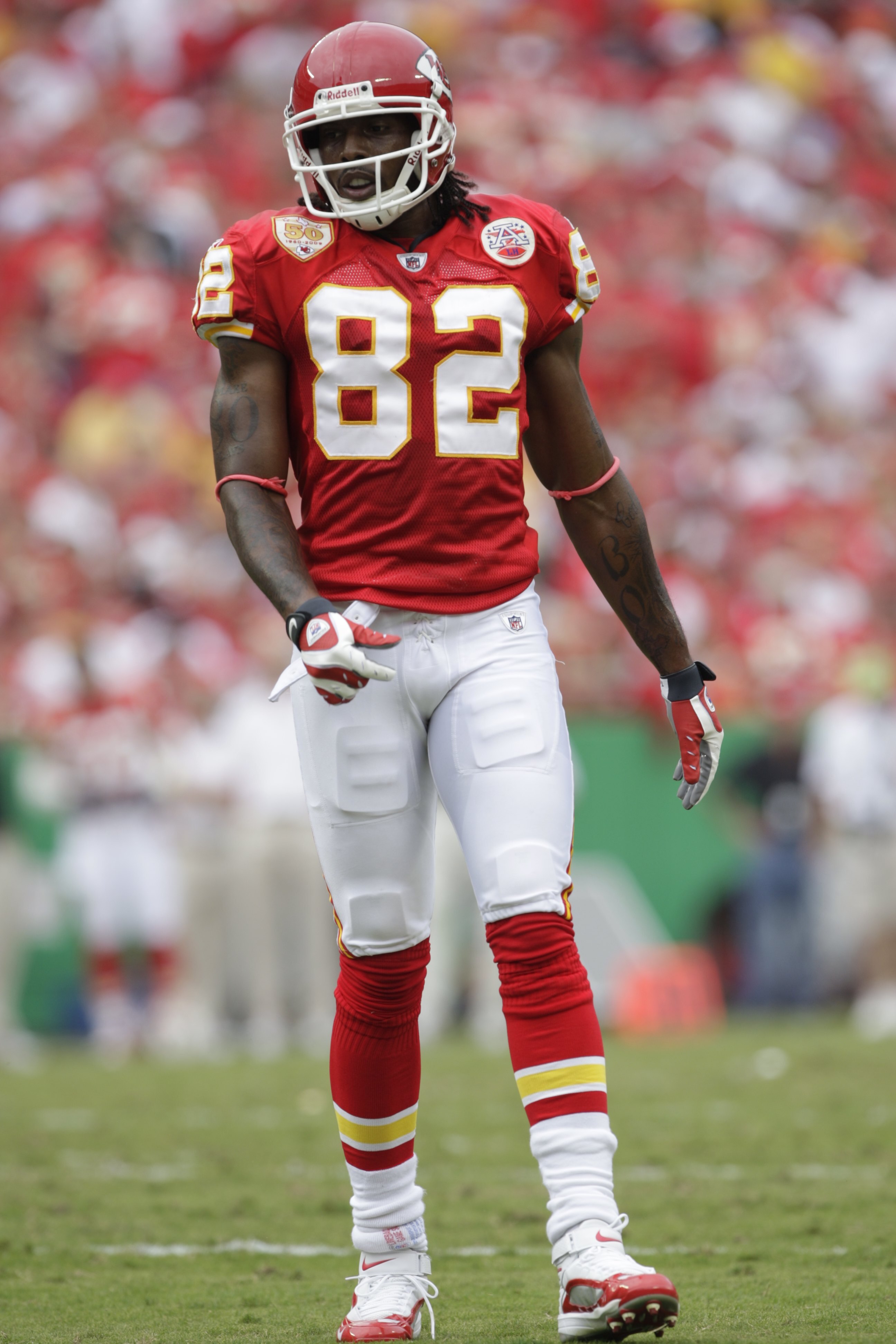 KANSAS CITY, MO - SEPTEMBER 20:  Dwayne Bowe #82 of the Kansas City Chiefs looks on during the game against the Oakland Raiders at Arrowhead Stadium on September 20, 2009 in Kansas City, Missouri. (Photo by Jamie Squire/Getty Images)