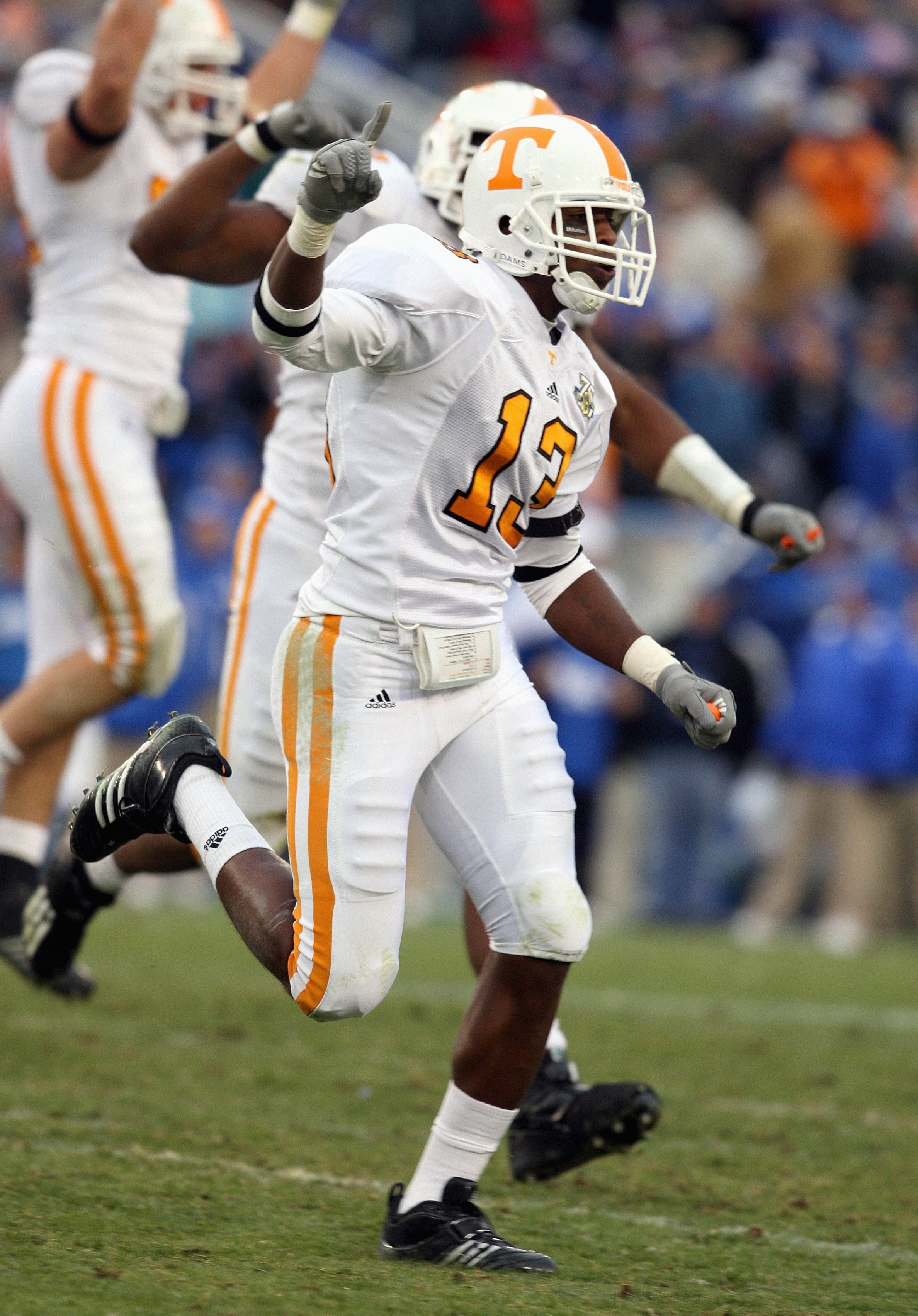 LEXINGTON, KY - NOVEMBER 24: Brent Vinson #13 of the Tennessee Volunteers celebrates a fumble recovery during the SEC game against the Kentucky Wildcats at Commonwealth Stadium November 24, 2007 in Lexington, Kentucky. Tennessee won 52-50 in four overtime