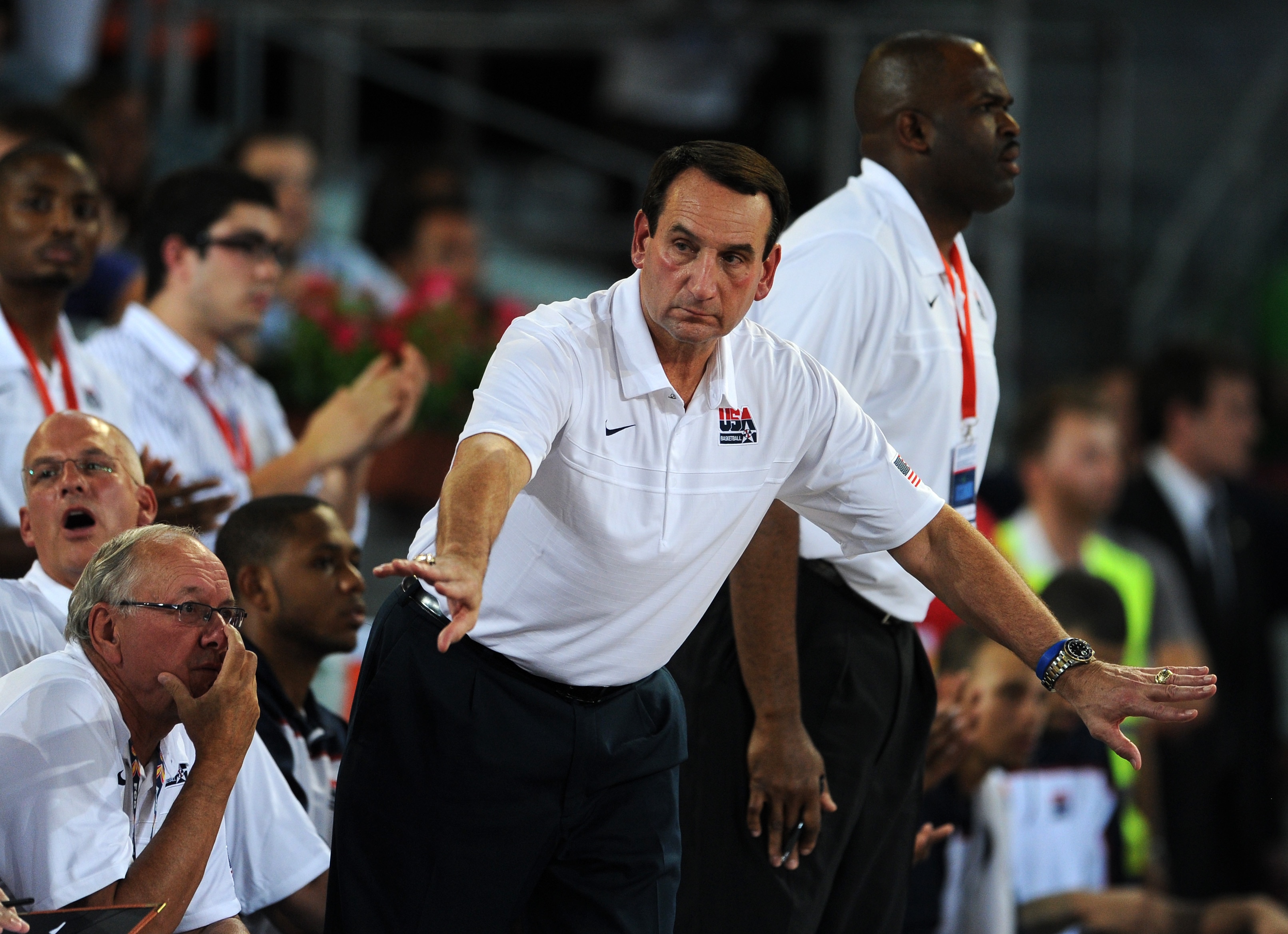 MADRID, SPAIN - AUGUST 22: Coach Mike Krzyzewsky of the USA gestures during a friendly basketball game between Spain and the USA at La Caja Magica on August 22, 2010 in Madrid, Spain. (Photo by Jasper Juinen/Getty Images) MADRID, SPAIN - AUGUST 22: Coach Mike Krzyzewsky of the USA gestures during a friendly basketball game between Spain and the USA at La Caja Magica on August 22, 2010 in Madrid, Spain. (Photo by Jasper Juinen/Getty Images)