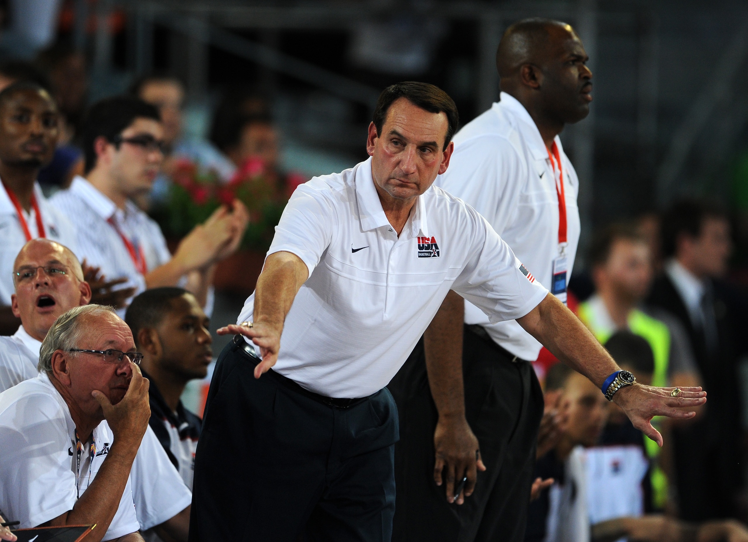 MADRID, SPAIN - AUGUST 22:  Coach Mike Krzyzewsky of the USA gestures during a friendly basketball game between Spain and the USA at La Caja Magica on August 22, 2010 in Madrid, Spain.  (Photo by Jasper Juinen/Getty Images)
