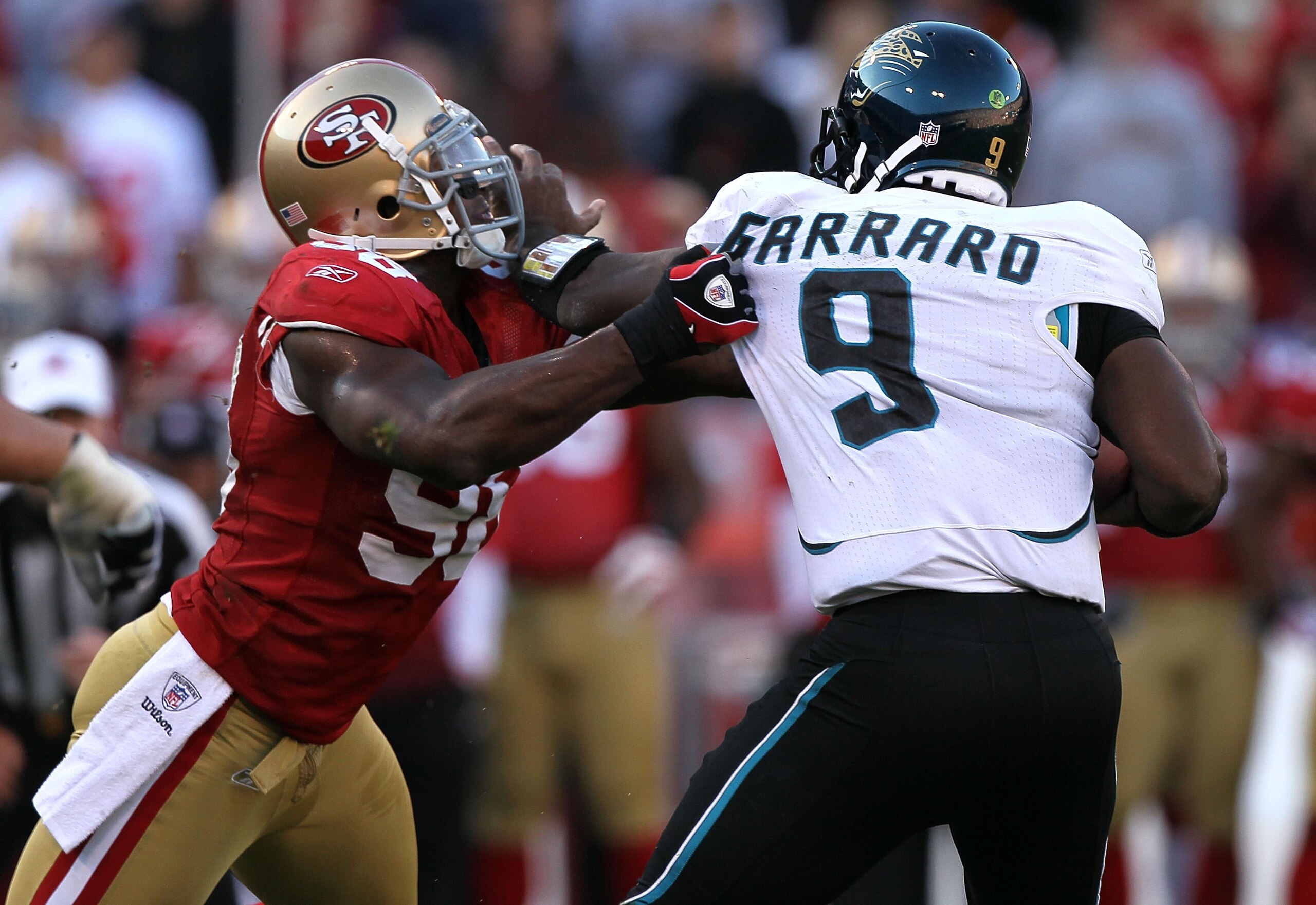 SAN FRANCISCO - NOVEMBER 29:  David Garrard #9 of the Jacksonville Jaguars is sacked by Parys Haralson #98 of the San Francisco 49ers during an NFL game at Candlestick Park on November 29, 2009 in San Francisco, California.  (Photo by Jed Jacobsohn/Getty 