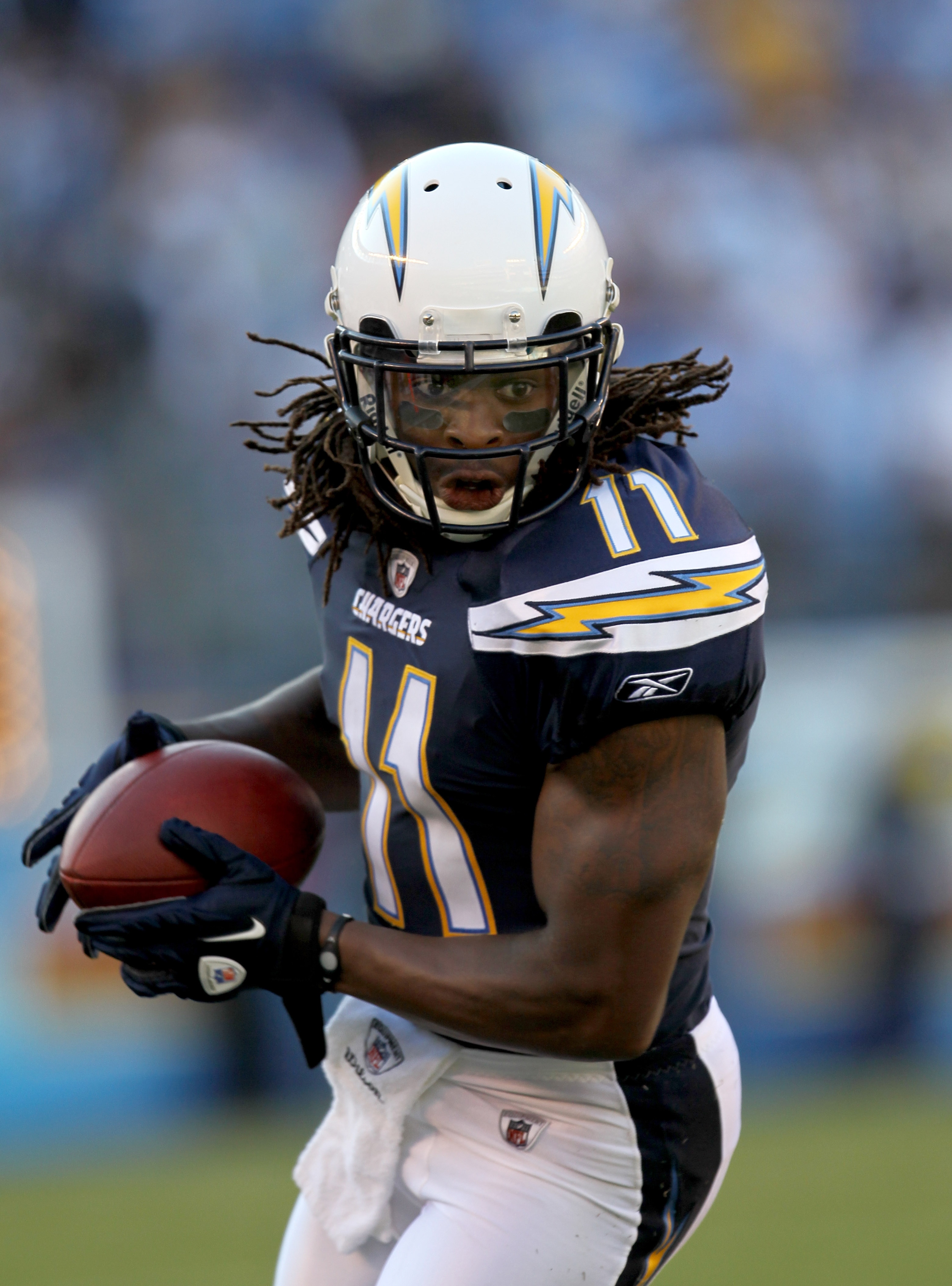 SAN DIEGO - AUGUST 14:  Legedu Naanee #11 of the San Diego Chargers makes a reception against the Chicago Bears on August 14, 2010 at Qualcomm Stadium in San Diego, California.   (Photo by Stephen Dunn/Getty Images)