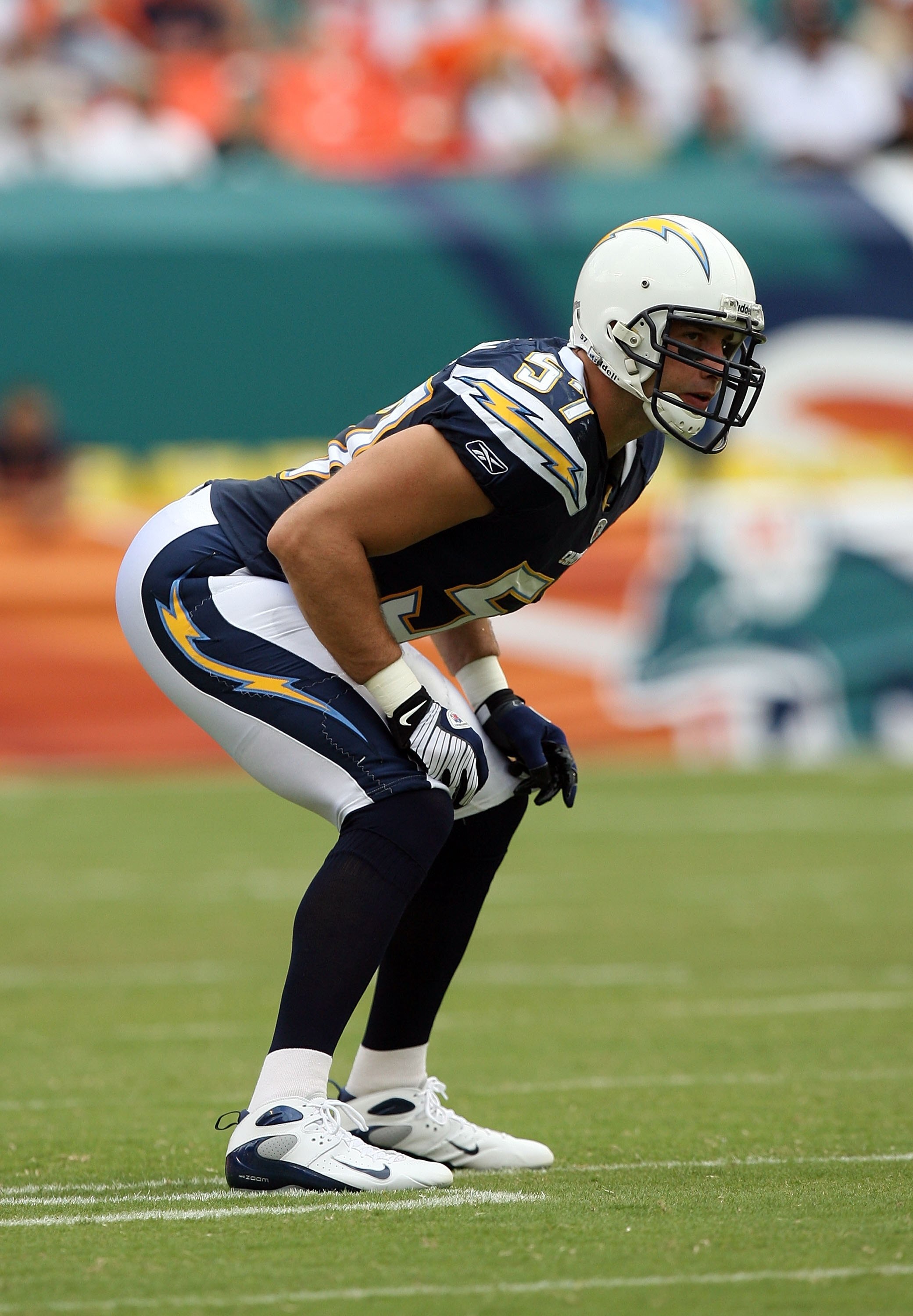 MIAMI - OCTOBER 05:  Linebacker Matt Wilhelm #57 of the San Diego Chargers prepares for a play while facing the Miami Dolphins at Dolphin Stadium on October 5, 2008 in Miami, Florida. The Dolphins defeated the Chargers 17-10.  (Photo by Doug Benc/Getty Im