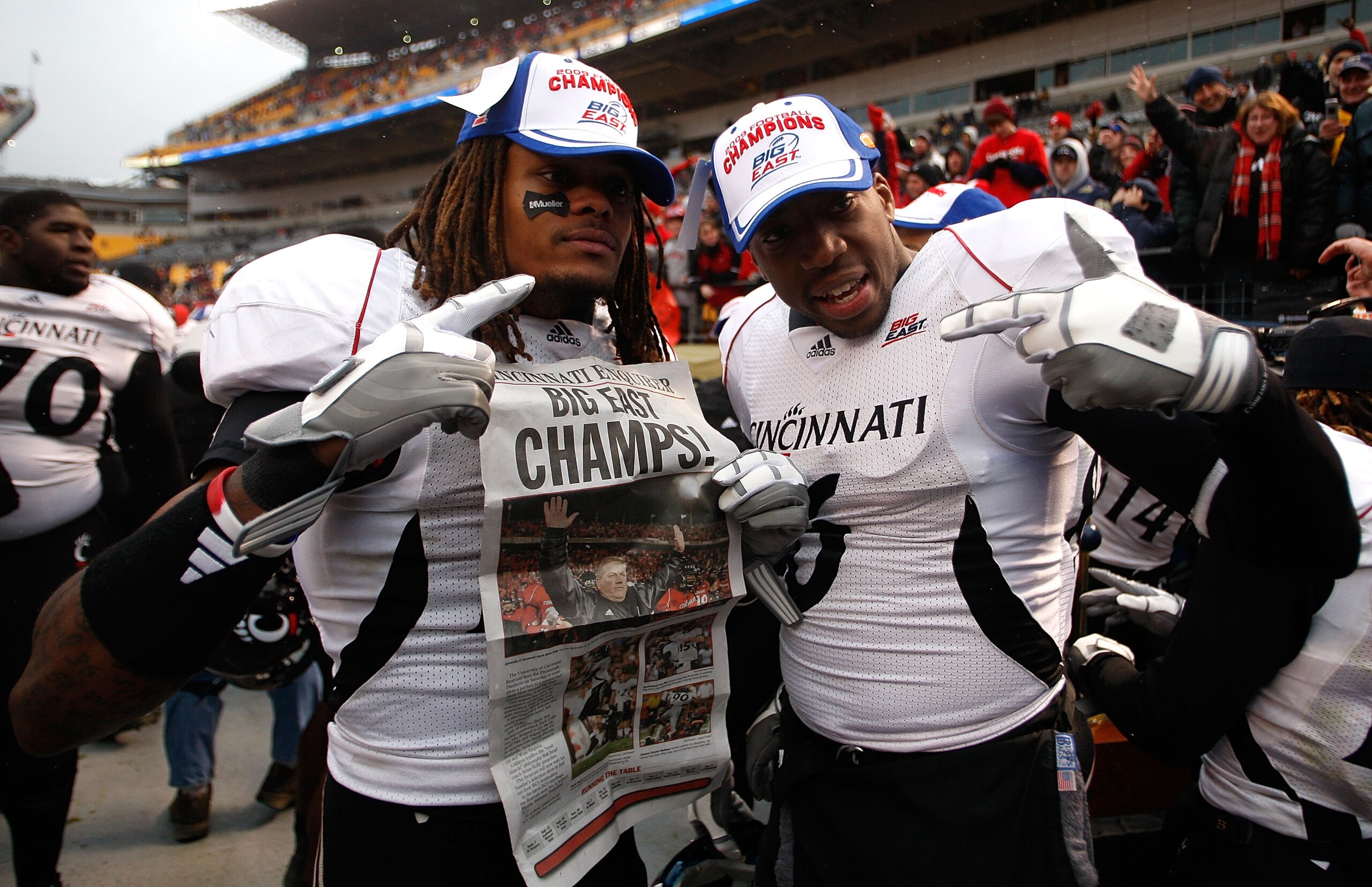 PITTSBURGH - DECEMBER 05: Members of the Cincinnati Bearcats celebrate following their win against the University of Pittsburgh Panthers on December 5, 2009 at Heinz Field in Pittsburgh, Pennsylvania.  (Photo by Jared Wickerham/Getty Images)