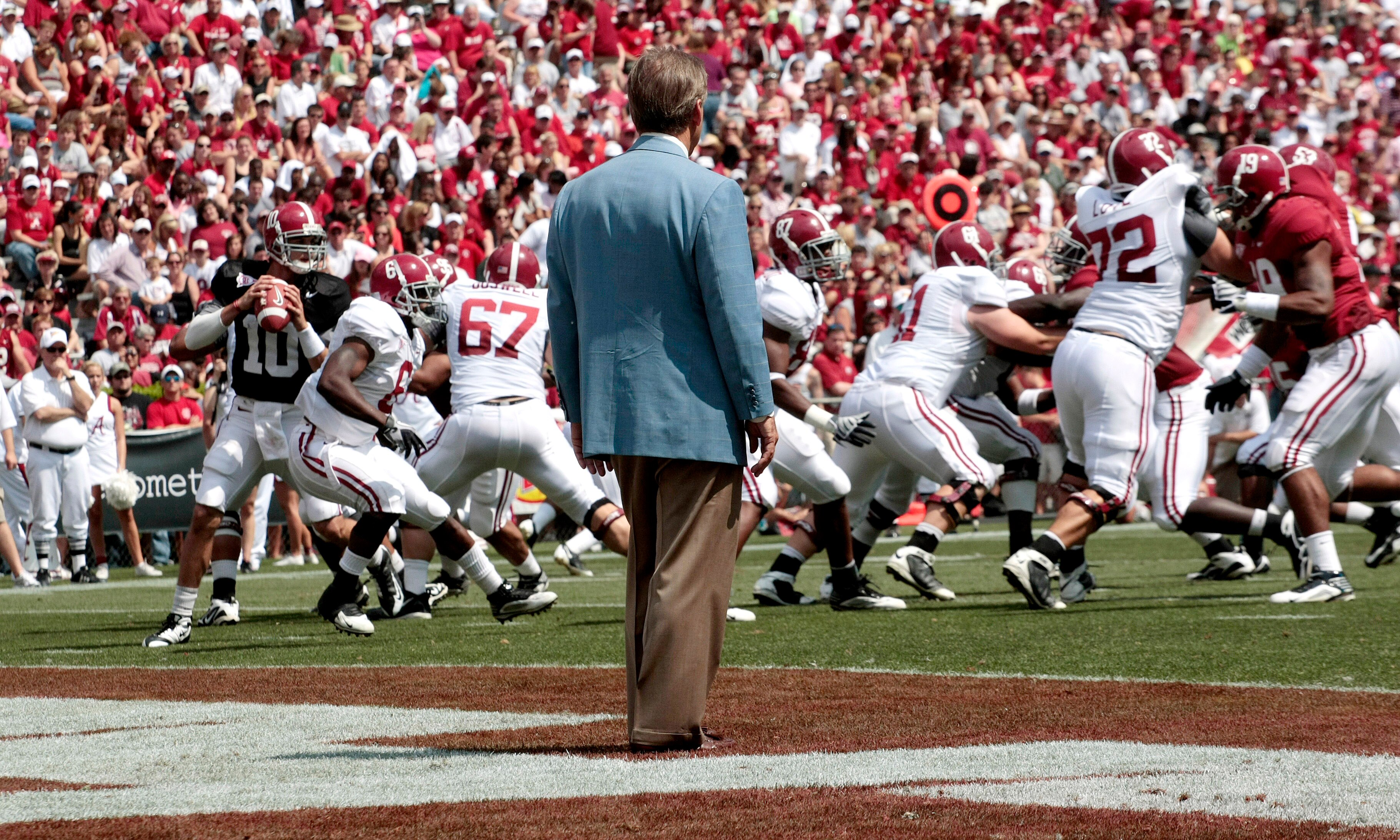 TUSCALOOSA, AL - APRIL 17: Coach Nick Saban of the Alabama Crimson Tide watches his team during the Alabama spring game at Bryant Denny Stadium on April 17, 2010 in Tuscaloosa, Alabama. (Photo by Dave Martin/Getty Images)