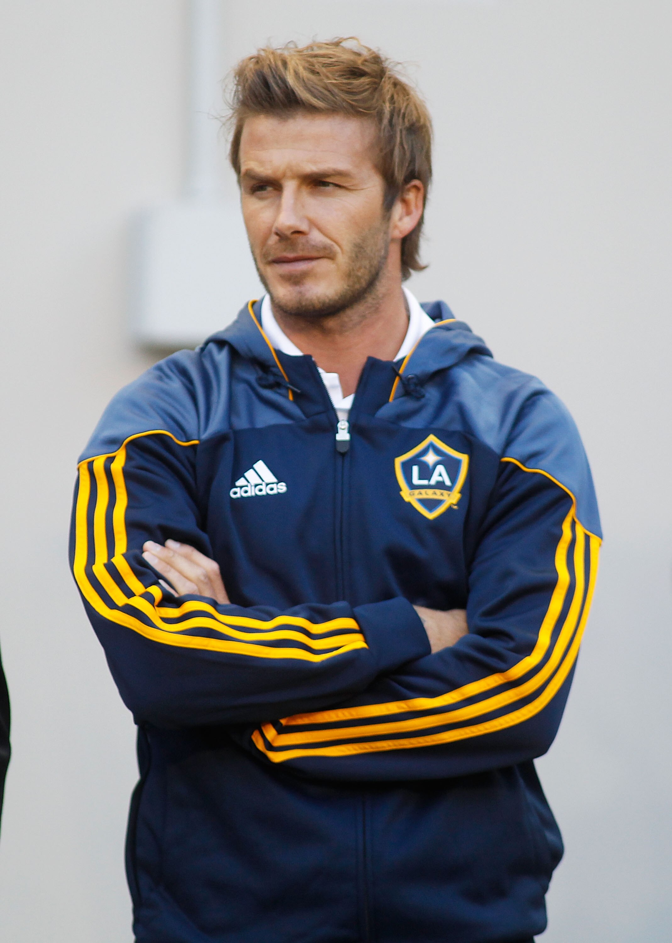 HARRISON, NJ - AUGUST 14:  David Beckham #23 of the Los Angeles Galaxy looks on during warm-ups prior to their match against the New York Red Bulls on August 14, 2010 at Red Bull Arena in Harrison, New Jersey. Galaxy defeat the Red Bulls 1-0.  (Photo by M