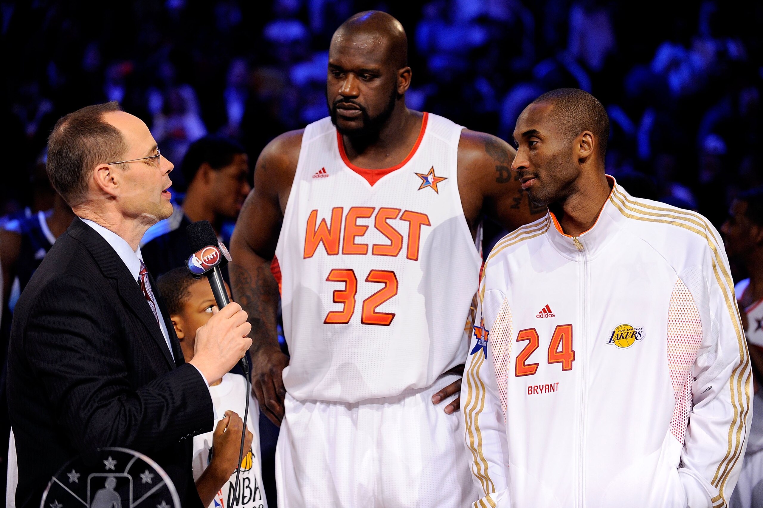PHOENIX - FEBRUARY 15:  Co-MVPs Shaquille O'Neal #32 and Kobe Bryant #24 of the Western Conference are interviewed by TNT's Ernie Johnson after the Western Conference defeated the Eastern Conference in the 58th NBA All-Star Game, part of 2009 NBA All-Star