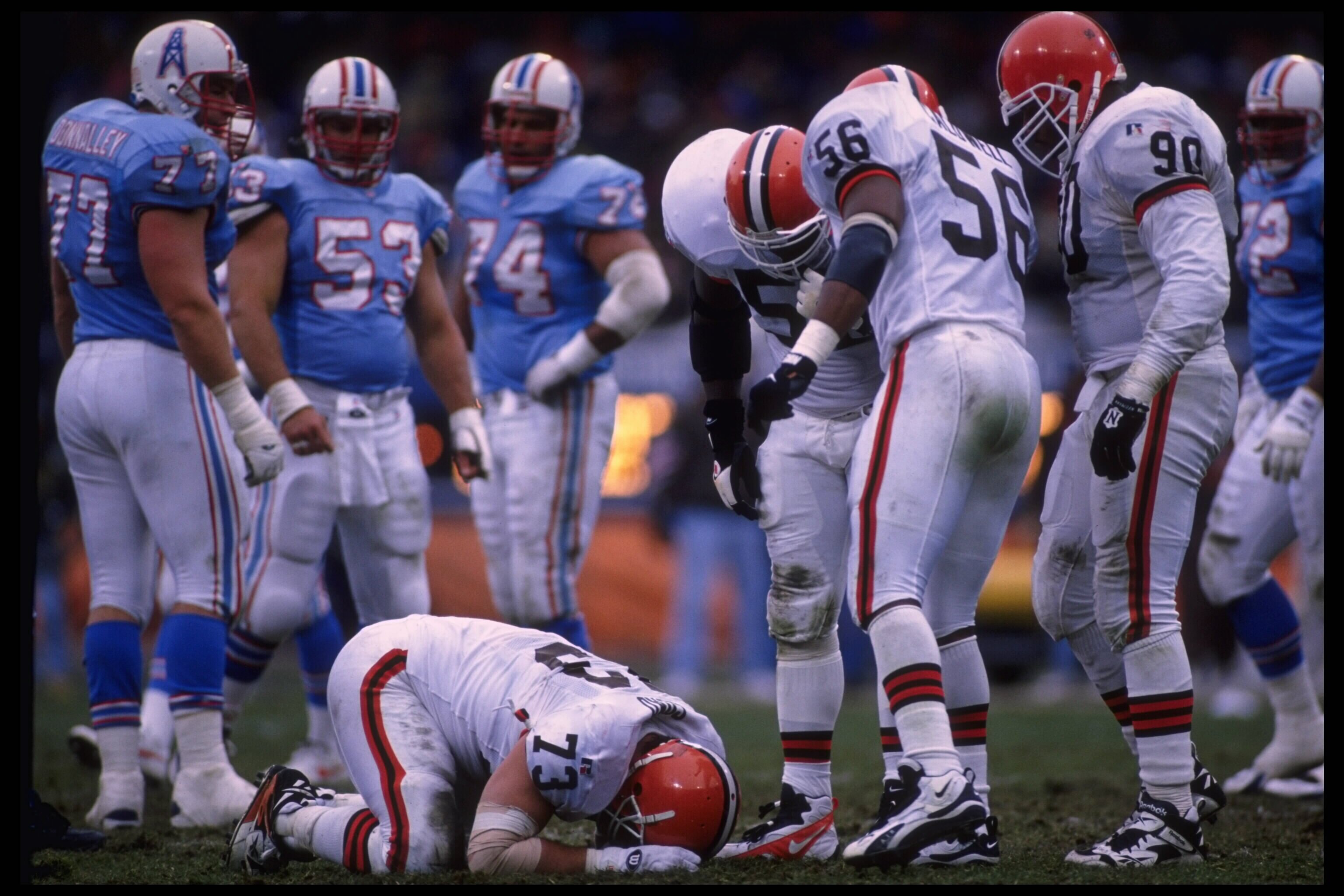 5 Nov 1995:  Defensive tackle #73 Tim Goad of the Cleveland Browns is injured on the field at Cleveland Stadium in Ohio in the game against the Oilers.  The Oilers defeated the Browns 37-10.  Mandatory Credit:  Rick Stewart/Allsport