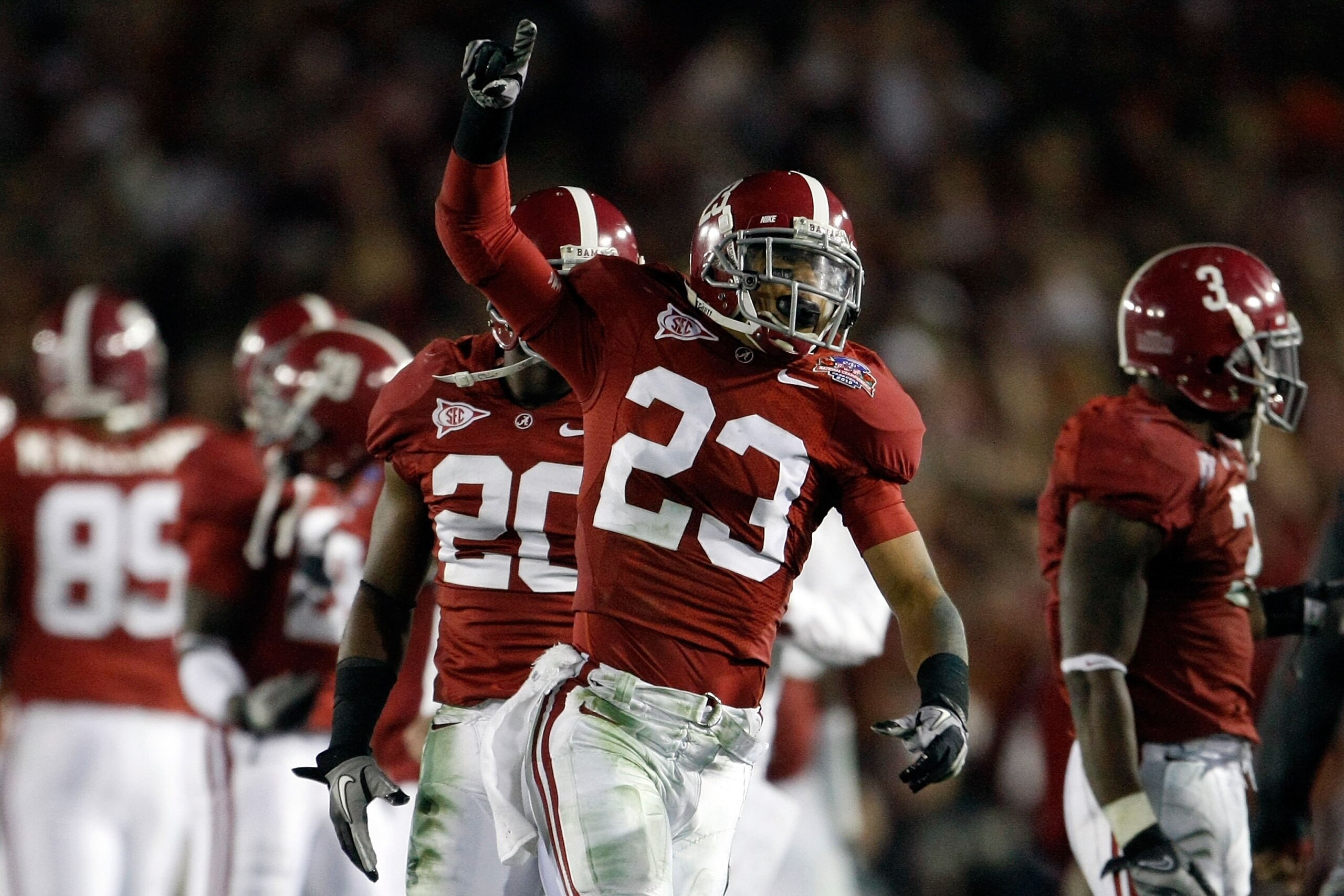PASADENA, CA - JANUARY 07:  Robby Green #23 of the Alabama Crimson Tide celebrateslate in the fourth quarter of the Citi BCS National Championship game against the Texas Longhorns at the Rose Bowl on January 7, 2010 in Pasadena, California. The Crimson Ti