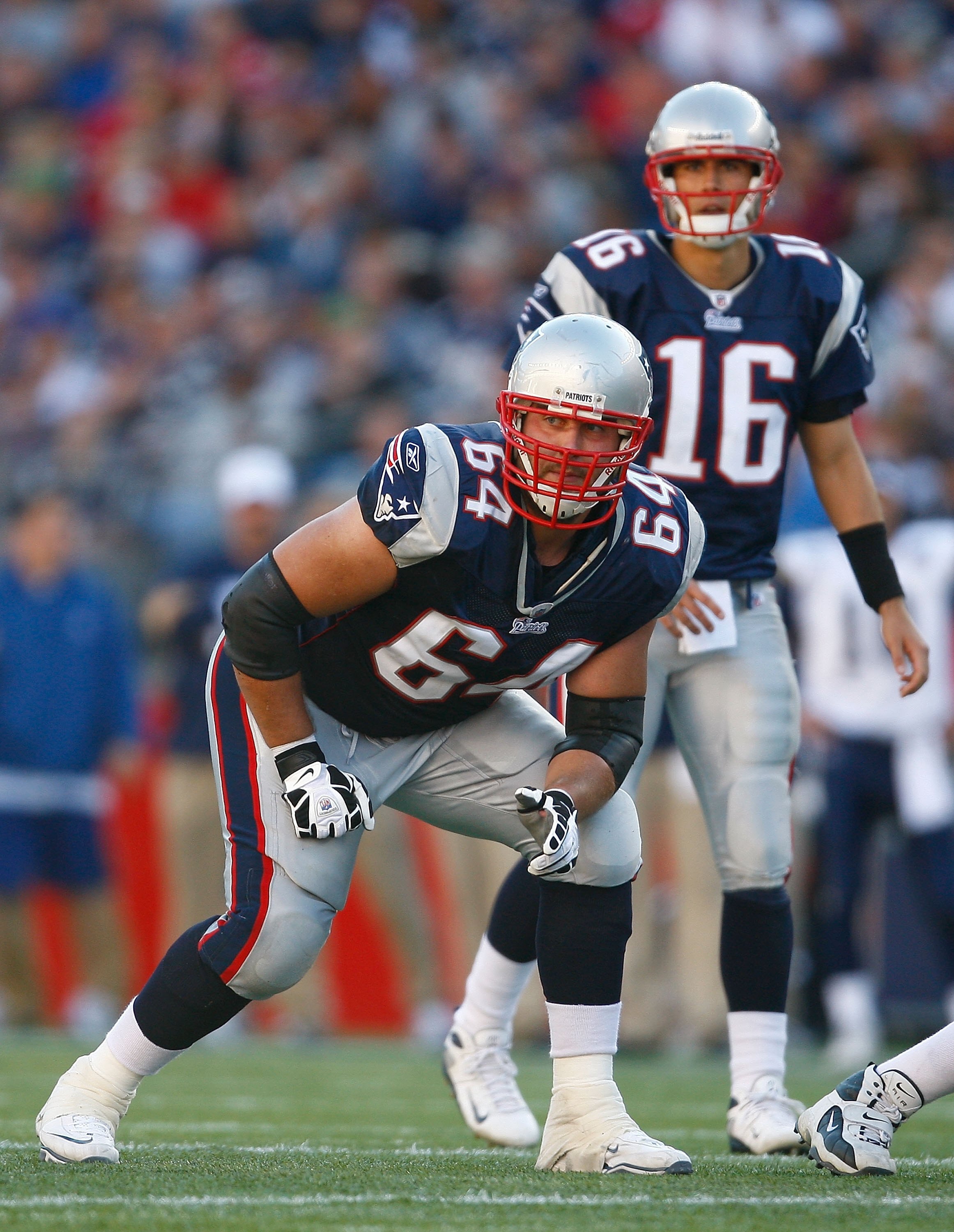 FOXBORO, MA - OCTOBER 26: Mark LeVoir #64 and Matt Cassel #16 of the New England Patriots set in position during the game with the St. Louis Rams at Gillette Stadium on October 26, 2008 in Foxboro, Massachusetts. (Photo by Jim Rogash/Getty Images)