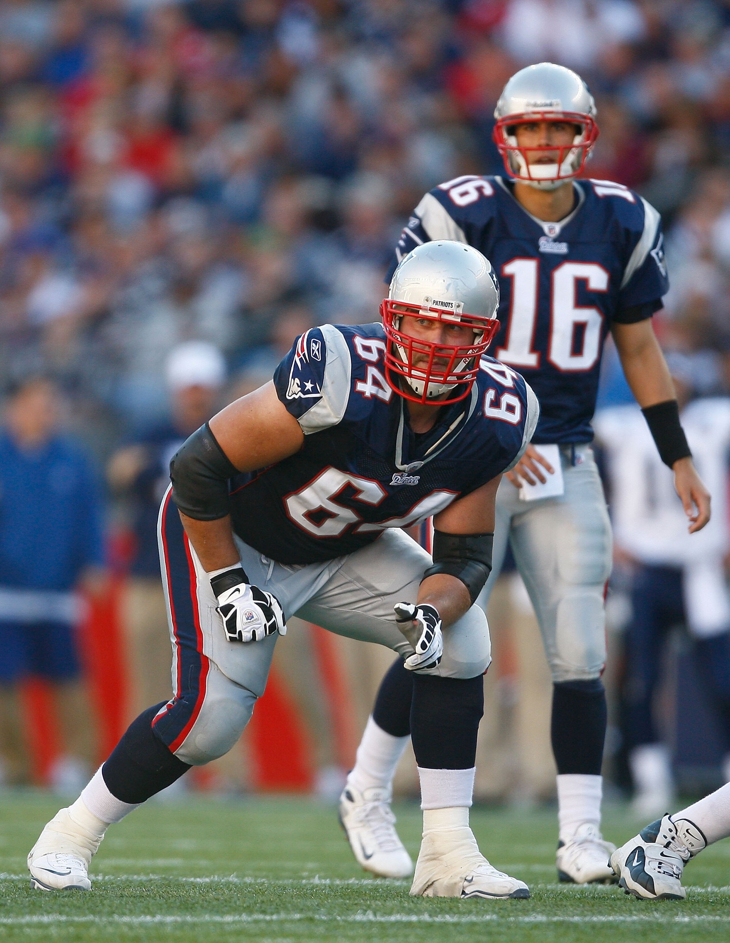 FOXBORO, MA - OCTOBER 26: Mark LeVoir #64 and Matt Cassel #16 of the New England Patriots set in position during the game with the St. Louis Rams at Gillette Stadium on October 26, 2008 in Foxboro, Massachusetts. (Photo by Jim Rogash/Getty Images)