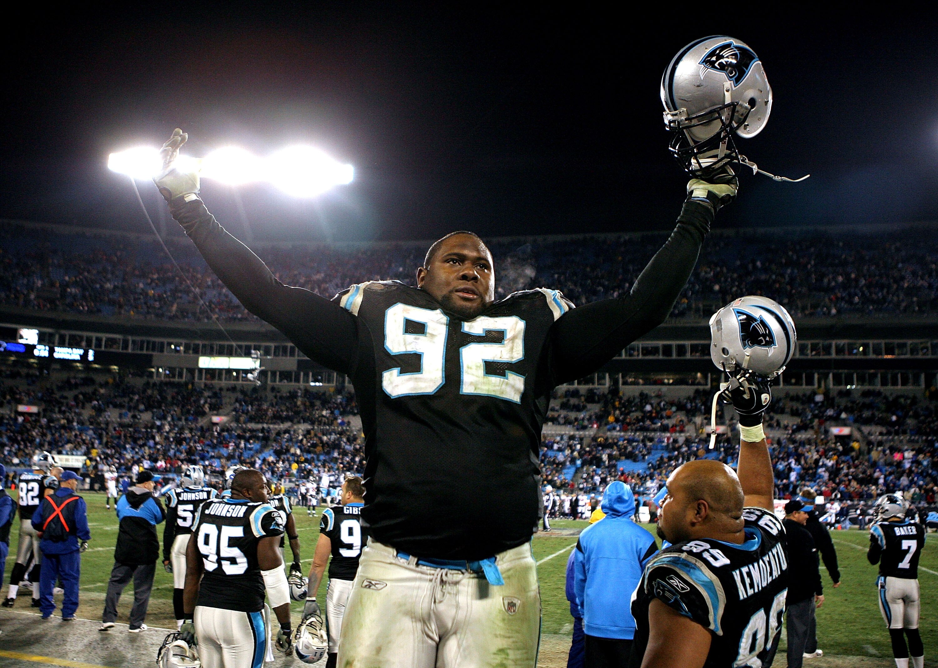 CHARLOTTE, NC - DECEMBER 08:  Damione Lewis #92 of the Carolina Panthers celebrates a win over the Tampa Bay Buccaneers at Bank of America Stadium on December 8, 2008 in Charlotte, North Carolina. The Panthers won 38-23.  (Photo by Streeter Lecka/Getty Im
