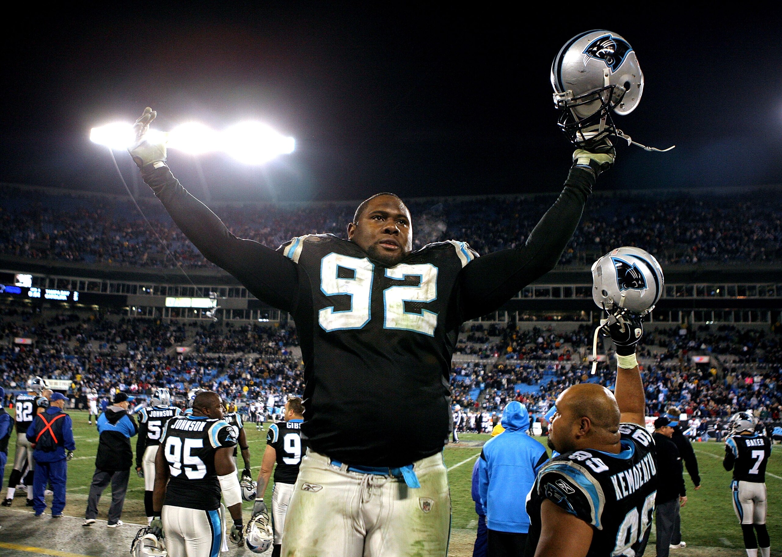CHARLOTTE, NC - DECEMBER 08:  Damione Lewis #92 of the Carolina Panthers celebrates a win over the Tampa Bay Buccaneers at Bank of America Stadium on December 8, 2008 in Charlotte, North Carolina. The Panthers won 38-23.  (Photo by Streeter Lecka/Getty Im