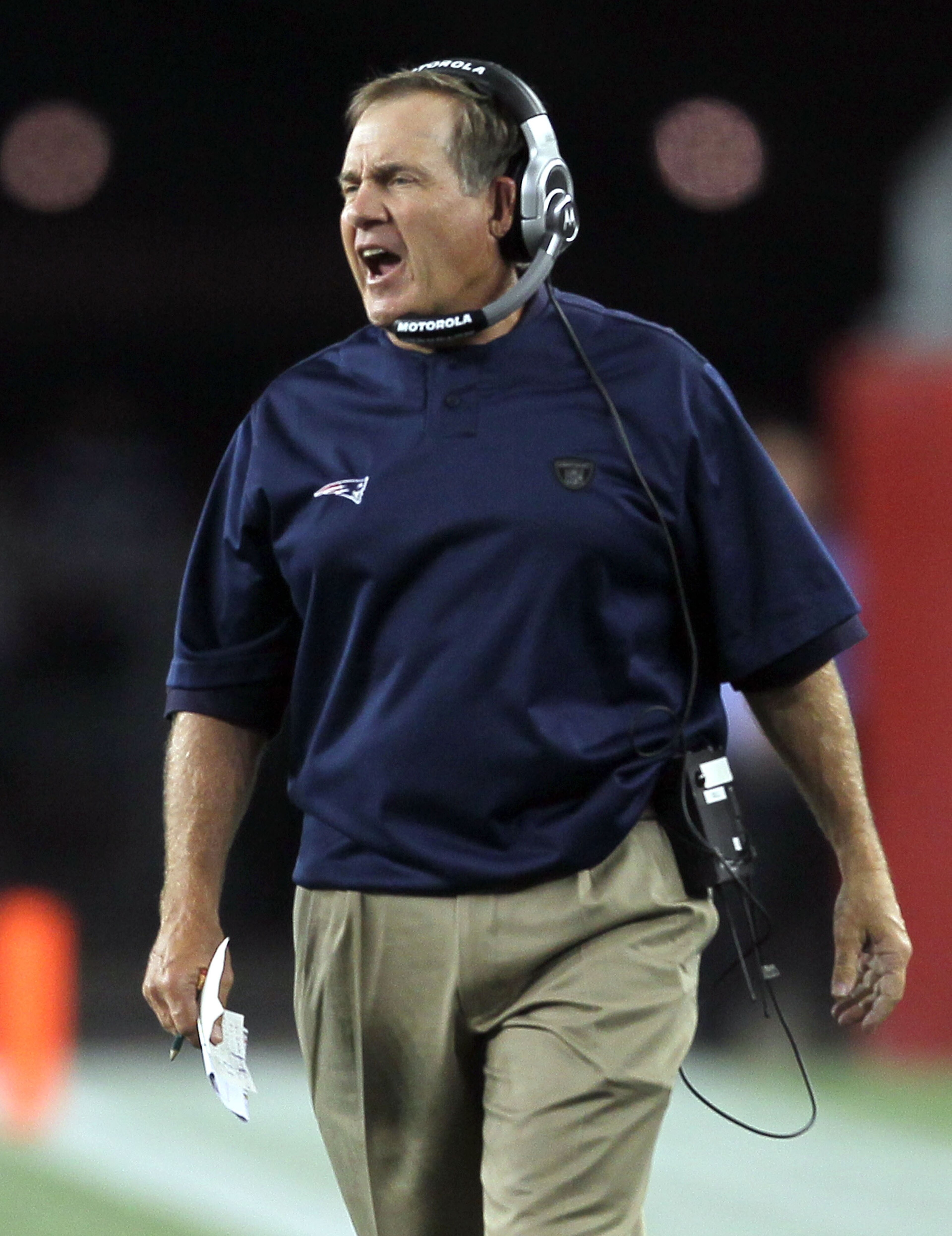 FOXBORO, MA - AUGUST 12: Coach Bill Belichick of the New England Patriots yells to his players in the first quarter during the preseason game against the New Orleans Saints at Gillette Stadium on August 12, 2010 in Foxboro, Massachusetts. (Photo by Jim Ro FOXBORO, MA - AUGUST 12: Coach Bill Belichick of the New England Patriots yells to his players in the first quarter during the preseason game against the New Orleans Saints at Gillette Stadium on August 12, 2010 in Foxboro, Massachusetts. (Photo by Jim Ro