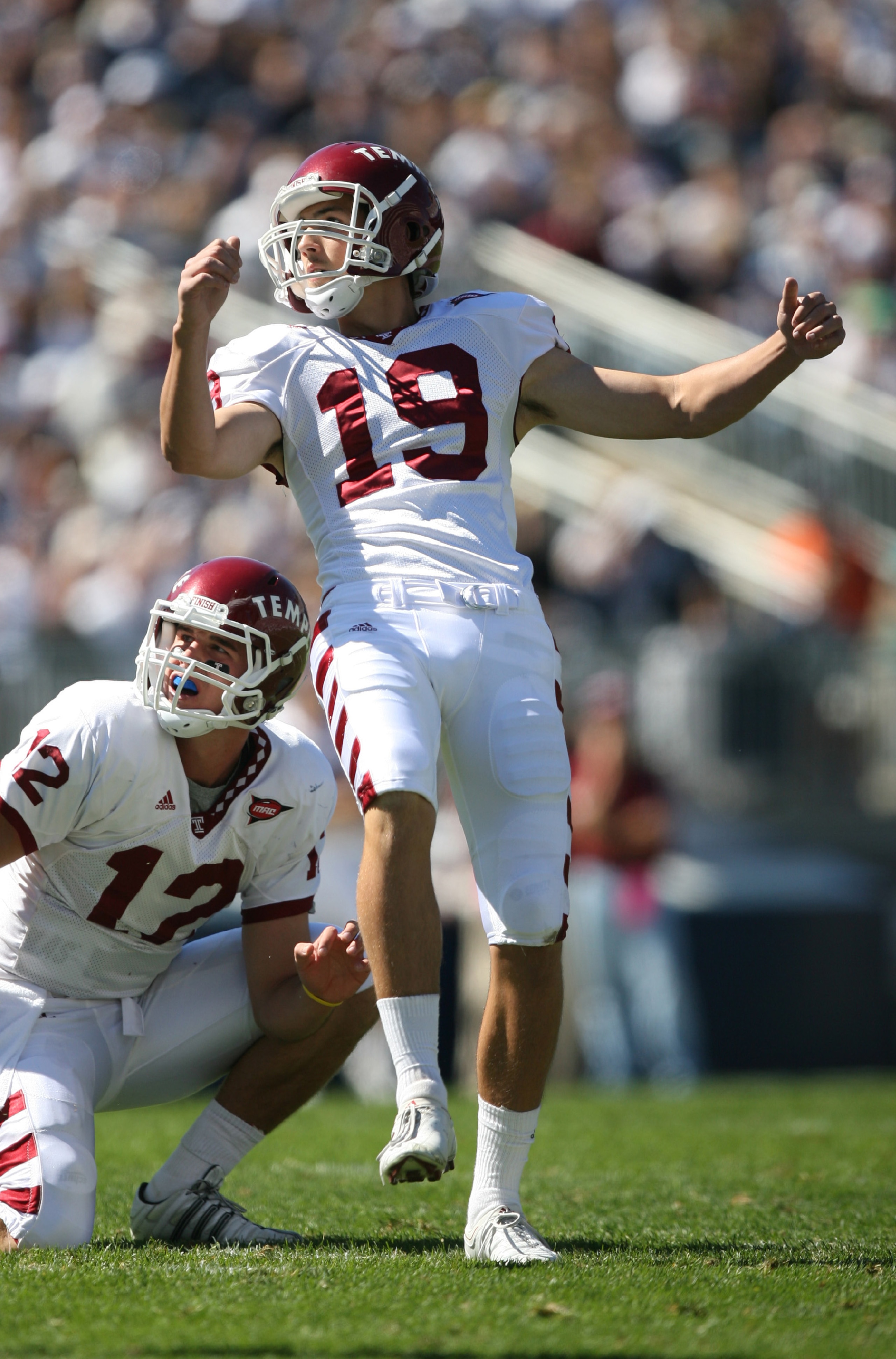 STATE COLLEGE, PA - SEPTEMBER 19: Place kicker Brandon McManus #19 of the Temple Owls kicks a field goal during a game against the Penn State Nittany Lions on September 19, 2009 at Beaver Stadium in State College, Pennsylvania. (Photo by Hunter Martin/Get