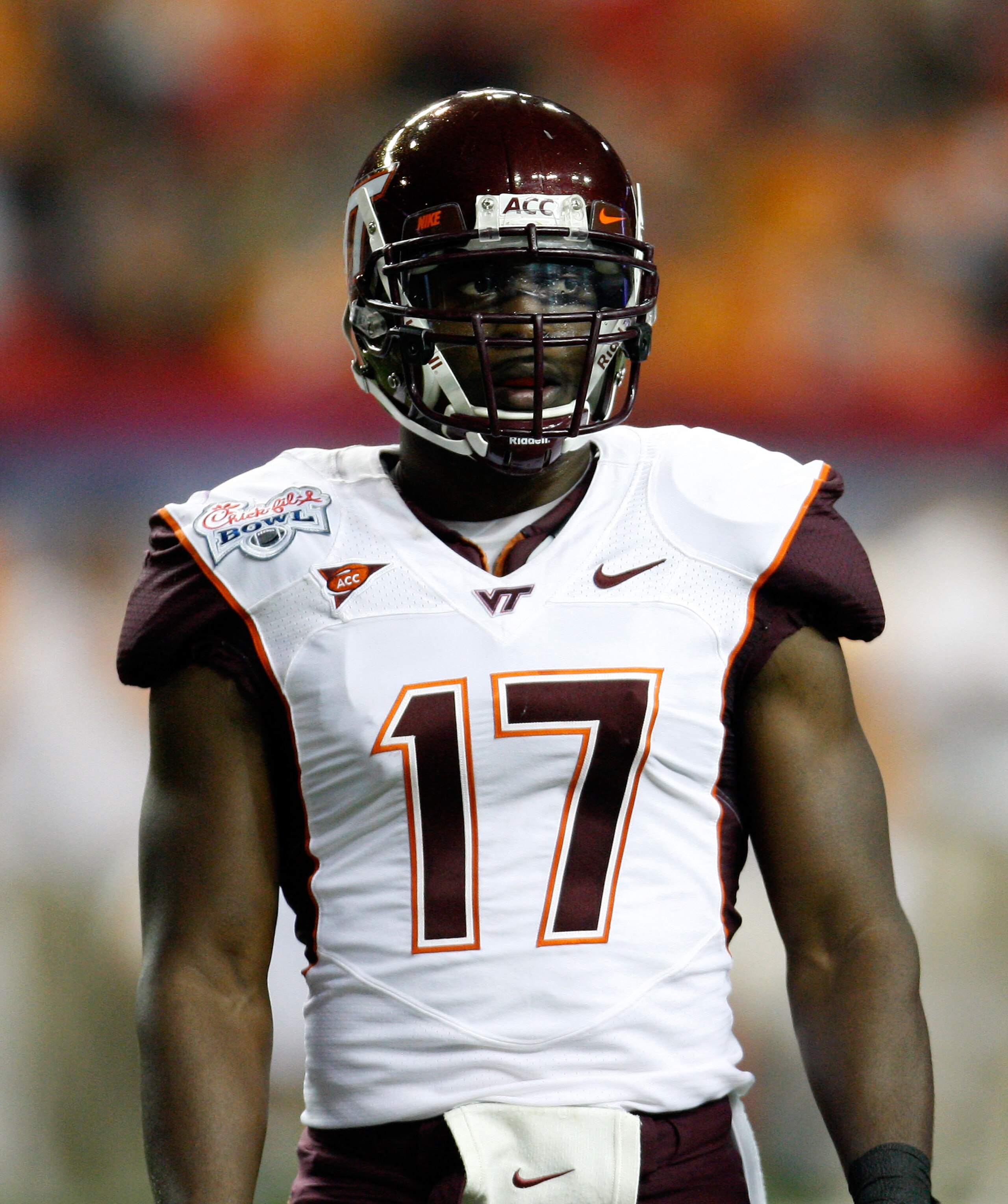 ATLANTA - DECEMBER 31:  Safety Kam Chancellor #17 of the Virginia Tech Hokies takes a break during a timeout during the Chick-Fil-A Bowl against the Tennessee Volunteers at the Georgia Dome on December 31, 2009 in Atlanta, Georgia.  Virginia Tech beat Ten