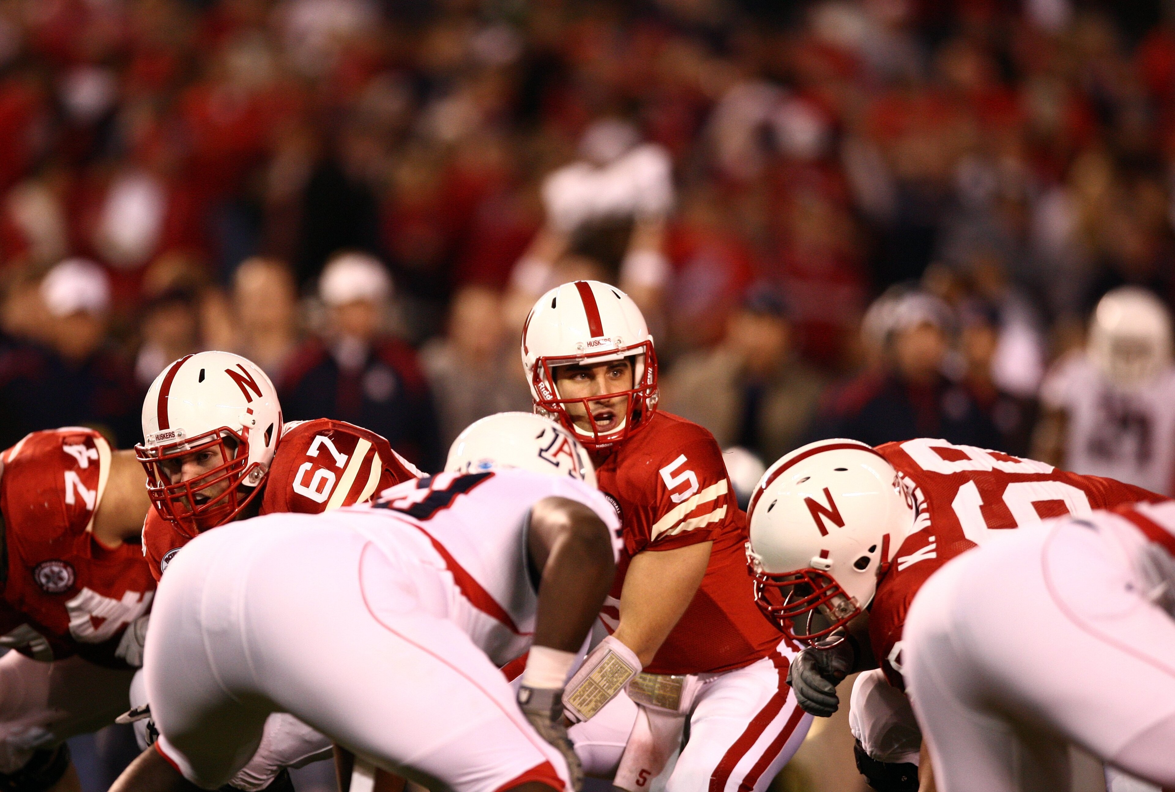 SAN DIEGO - DECEMBER 30:  Quarterback Zac Lee #5 of the University of Nebraska Cornhuskers lines up behind center against the University of Arizona Wildcats during the Pacific Life Holiday Bowl on December 30, 2009 at Qualcomm Stadium in San Diego, Califo