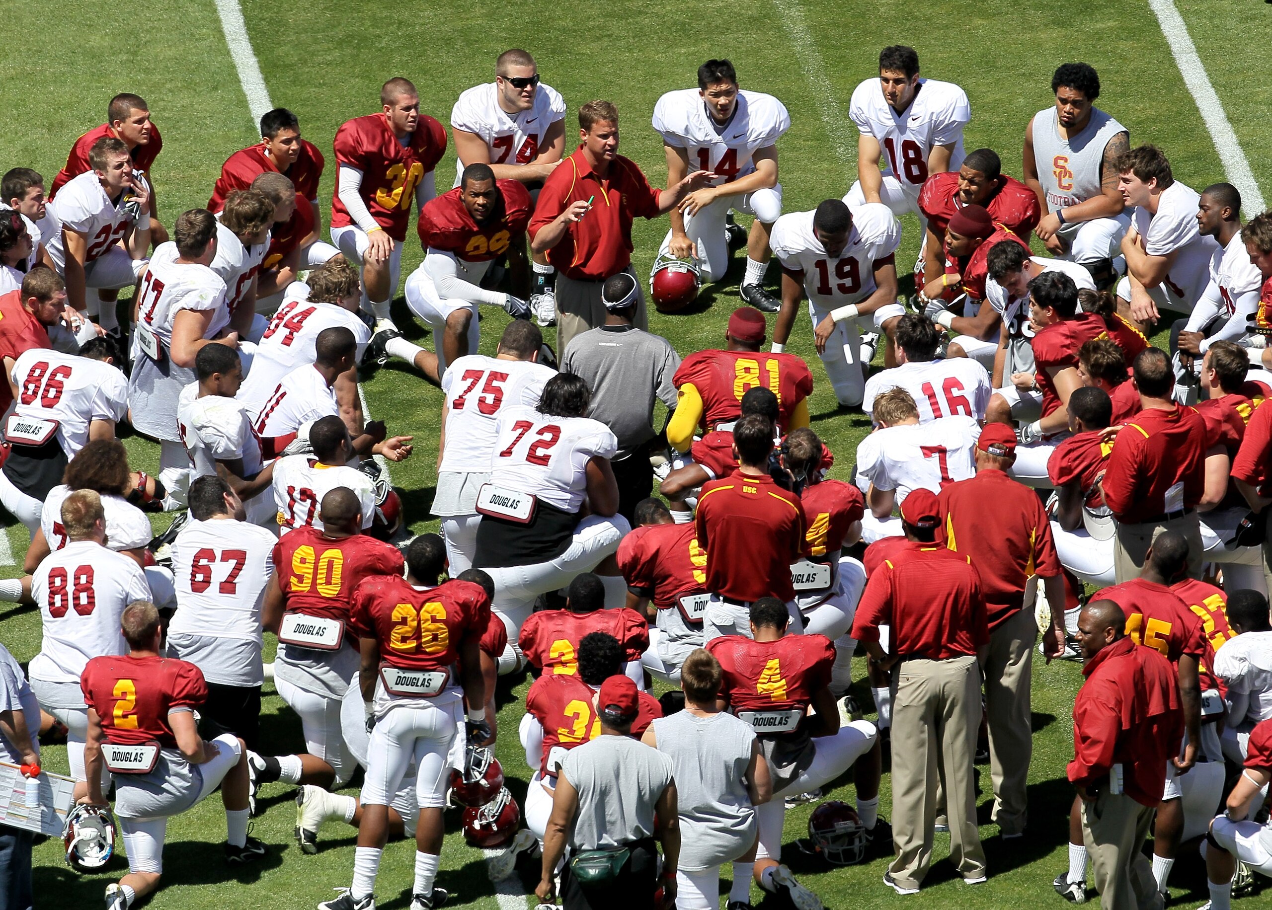 LOS ANGELES, CA - MAY 01:  Head coach Lane Kiffin addresses the team following the  USC Trojans spring game on  May 1, 2010 at the Los Angeles Memorial Coliseum in Los Angeles, California.  (Photo by Stephen Dunn/Getty Images)