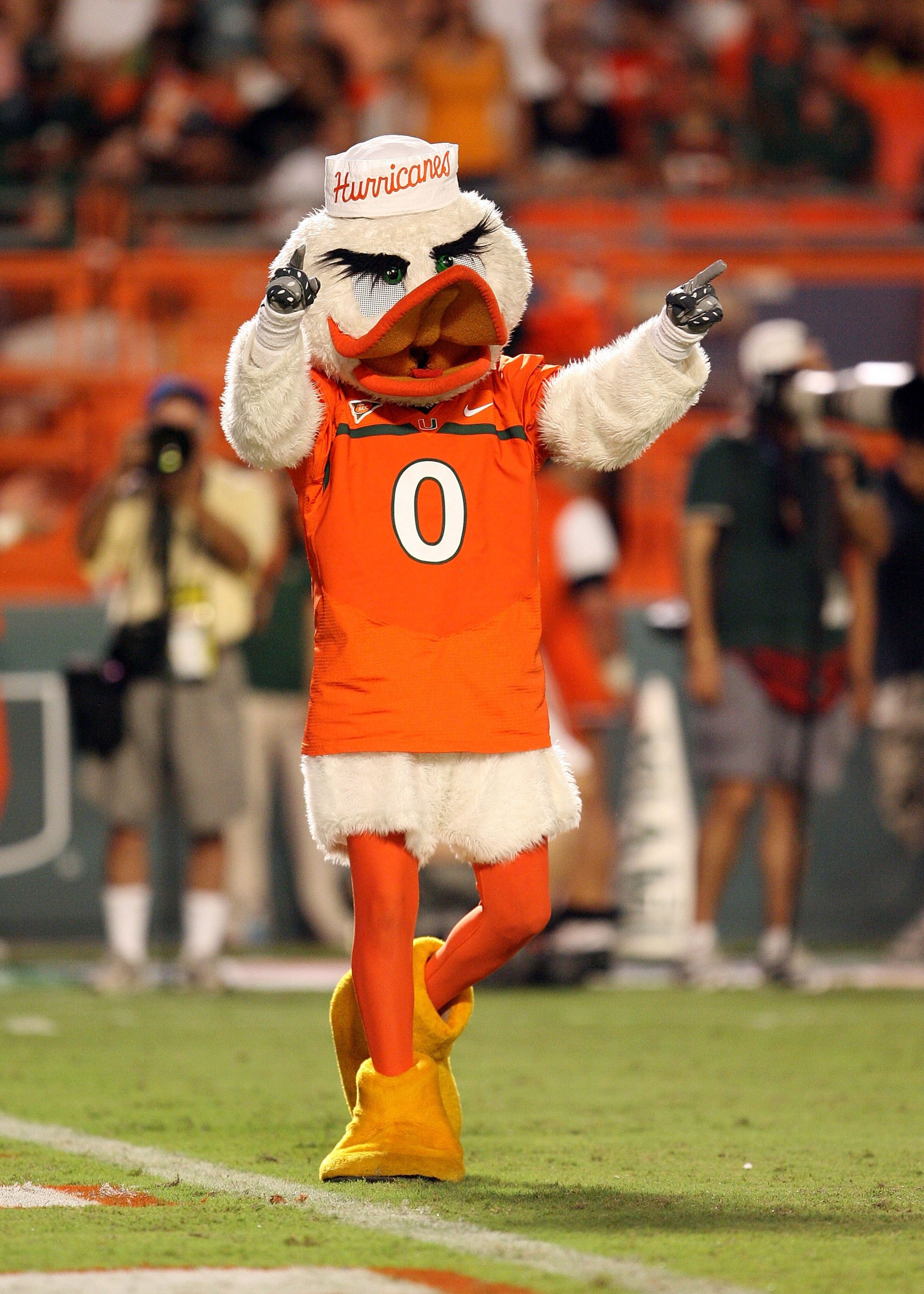 MIAMI GARDENS, FL - SEPTEMBER 17:  Sebastian the Ibis gets the crowd into the game as the Miami Hurricanes take on the Georgia Tech Yellow Jackets at Land Shark Stadium on September 17, 2009 in Miami Gardens, Florida. Miami defeated Georgia Tech 33-17.  (