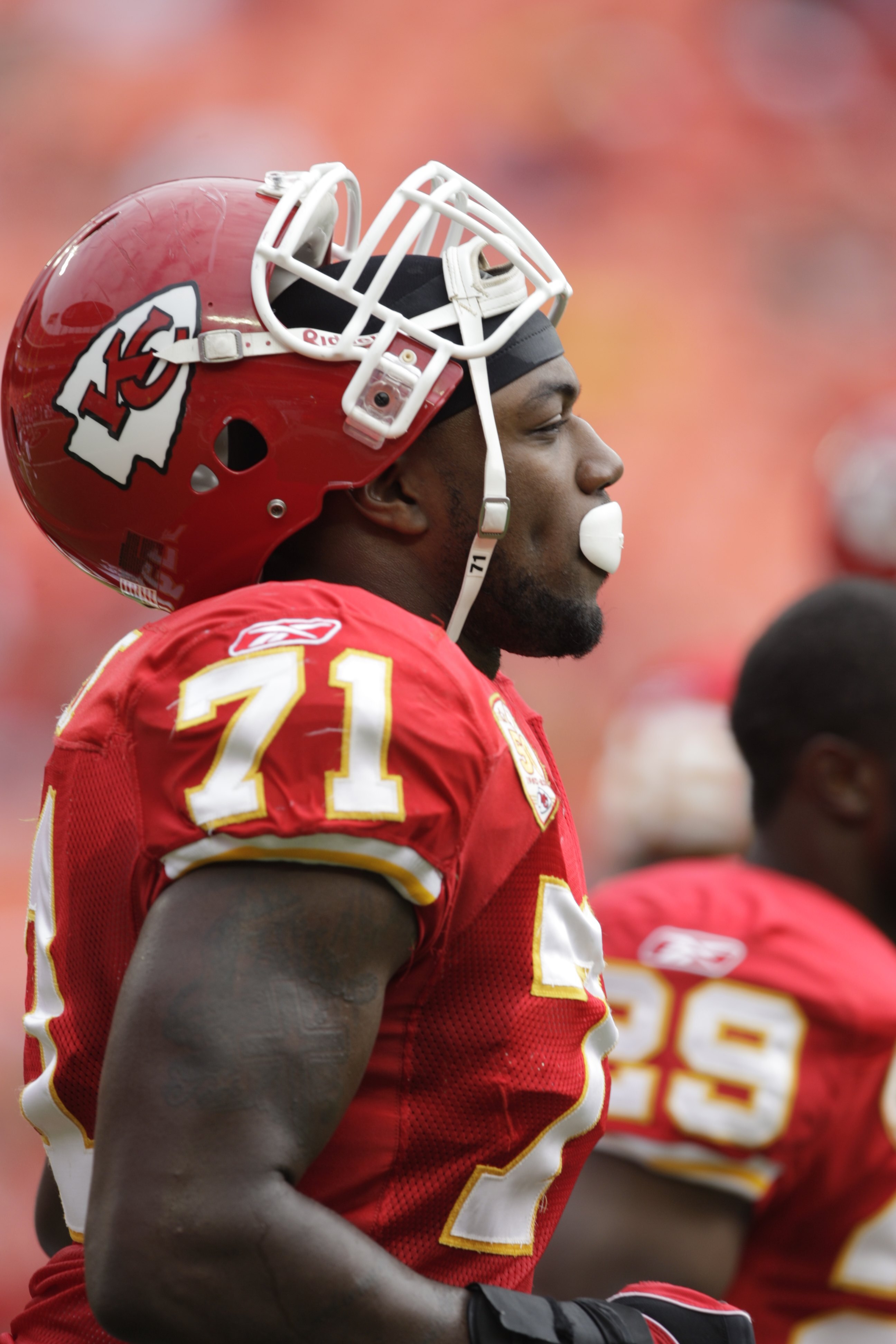 KANSAS CITY, MO - SEPTEMBER 20:  Alex Magee #71 of the Kansas City Chiefs looks on during the game against the Oakland Raiders at Arrowhead Stadium on September 20, 2009 in Kansas City, Missouri. (Photo by Jamie Squire/Getty Images)