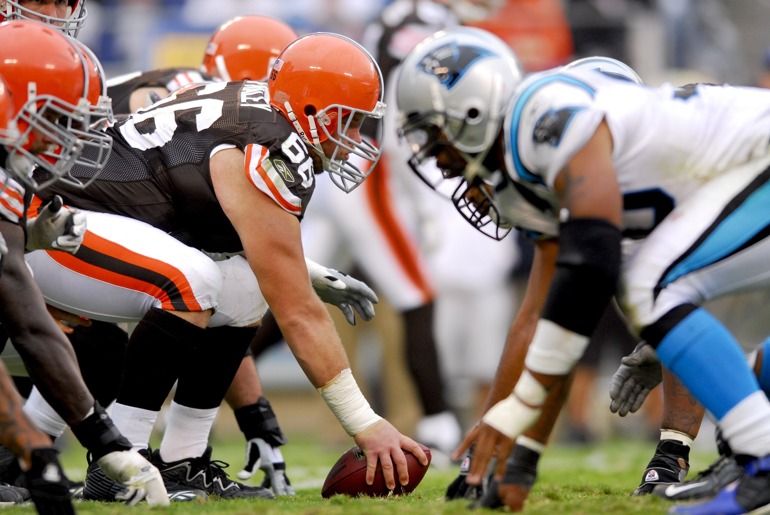 CHARLOTTE, NC - OCTOBER 8:  Offensive lineman Hank Fraley #66 of the Cleveland Browns waits for the snap during the game against the Carolina Panthers on October 8, 2006, at Bank of America Stadium in Charlotte, North Carolina. Carolina won 20-12. (Photo