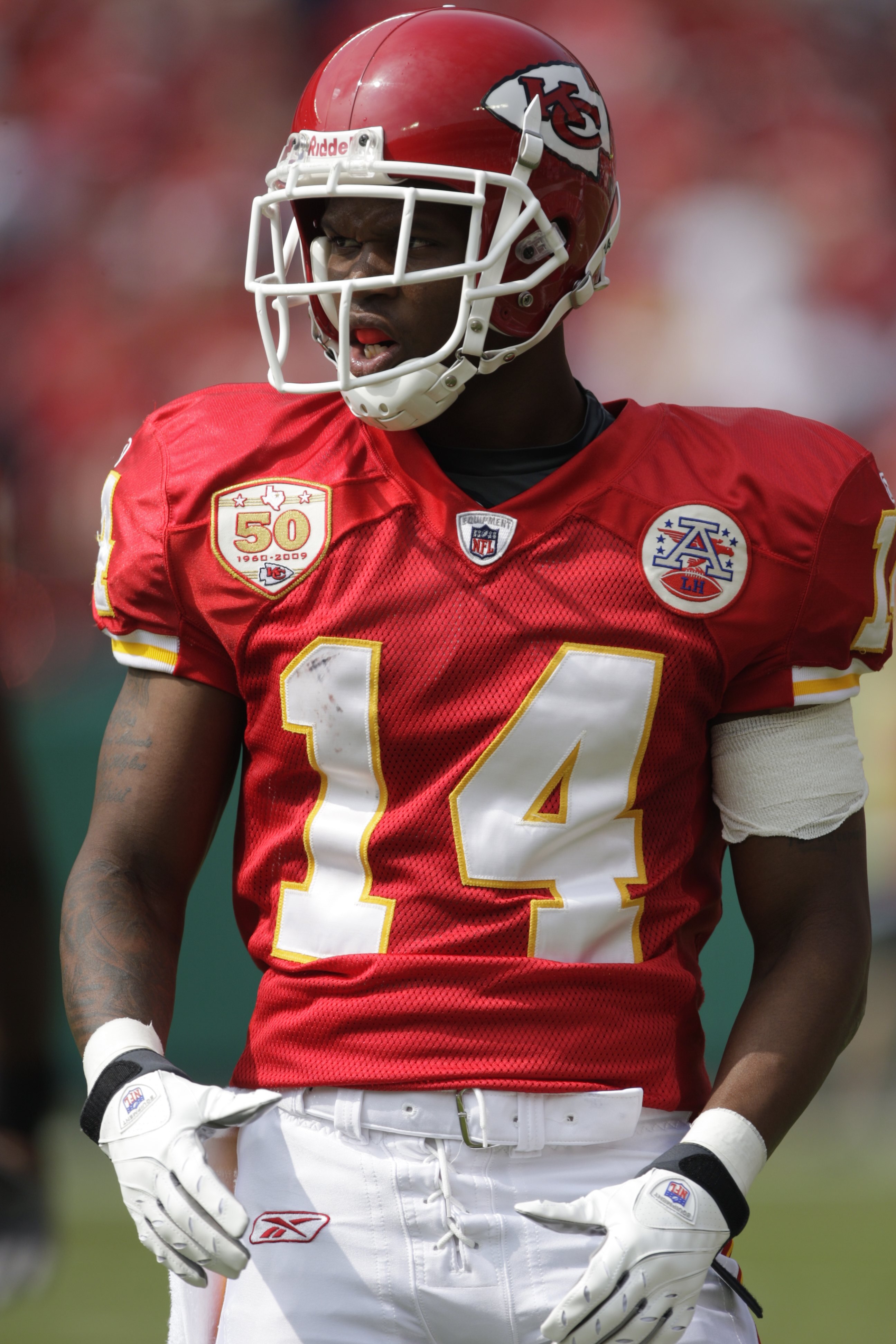 KANSAS CITY, MO - SEPTEMBER 20:  Quinten Lawrence #14 of the Kansas City Chiefs looks on during the game against the Oakland Raiders at Arrowhead Stadium on September 20, 2009 in Kansas City, Missouri. (Photo by Jamie Squire/Getty Images)