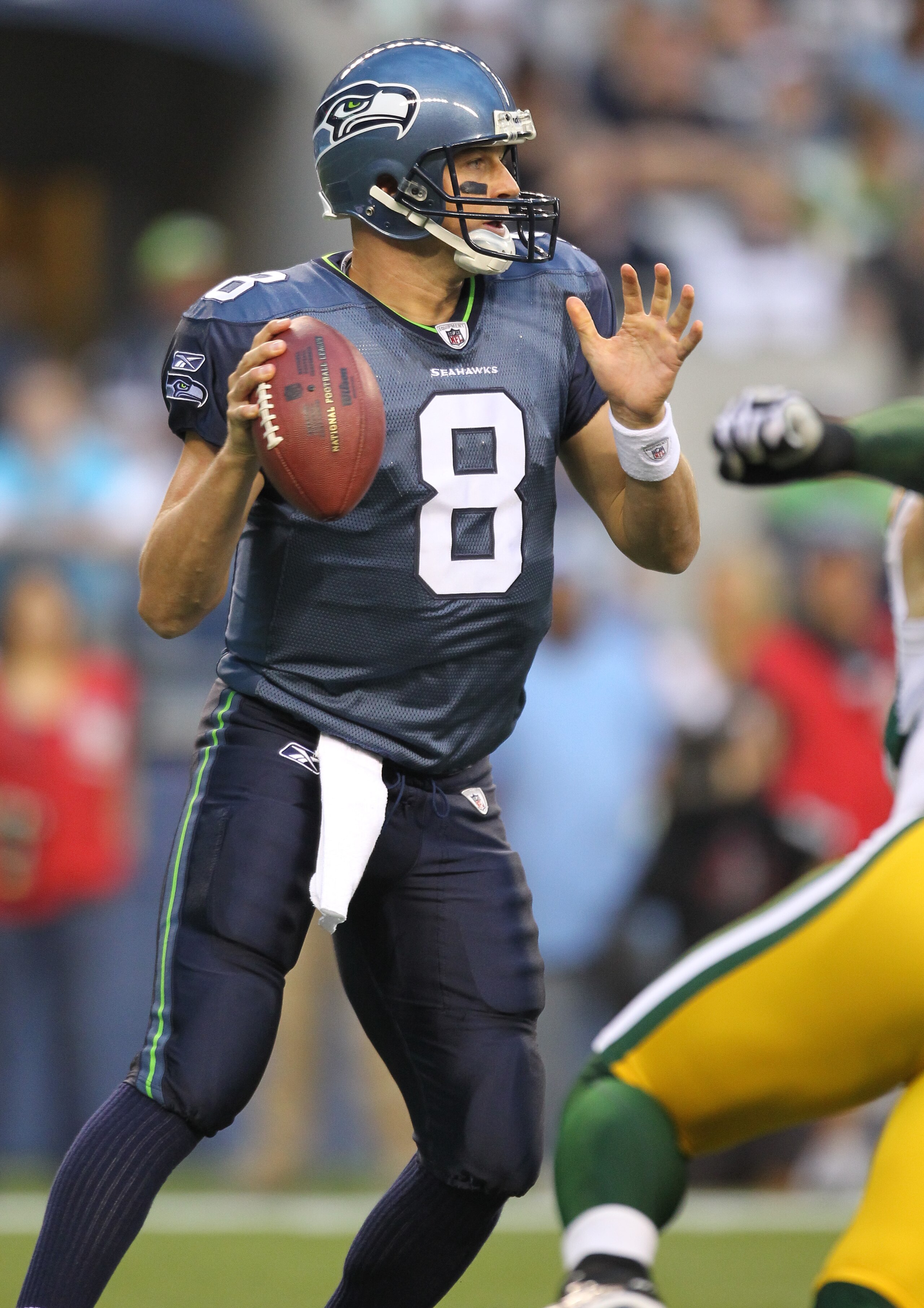 SEATTLE - AUGUST 21: Quarterback Matt Hasselbeck #8 of the Seattle Seahawks looks downfield during the preseason game against the Green Bay Packers at Qwest Field on August 21, 2010 in Seattle, Washington. (Photo by Otto Greule Jr/Getty Images) SEATTLE - AUGUST 21: Quarterback Matt Hasselbeck #8 of the Seattle Seahawks looks downfield during the preseason game against the Green Bay Packers at Qwest Field on August 21, 2010 in Seattle, Washington. (Photo by Otto Greule Jr/Getty Images)