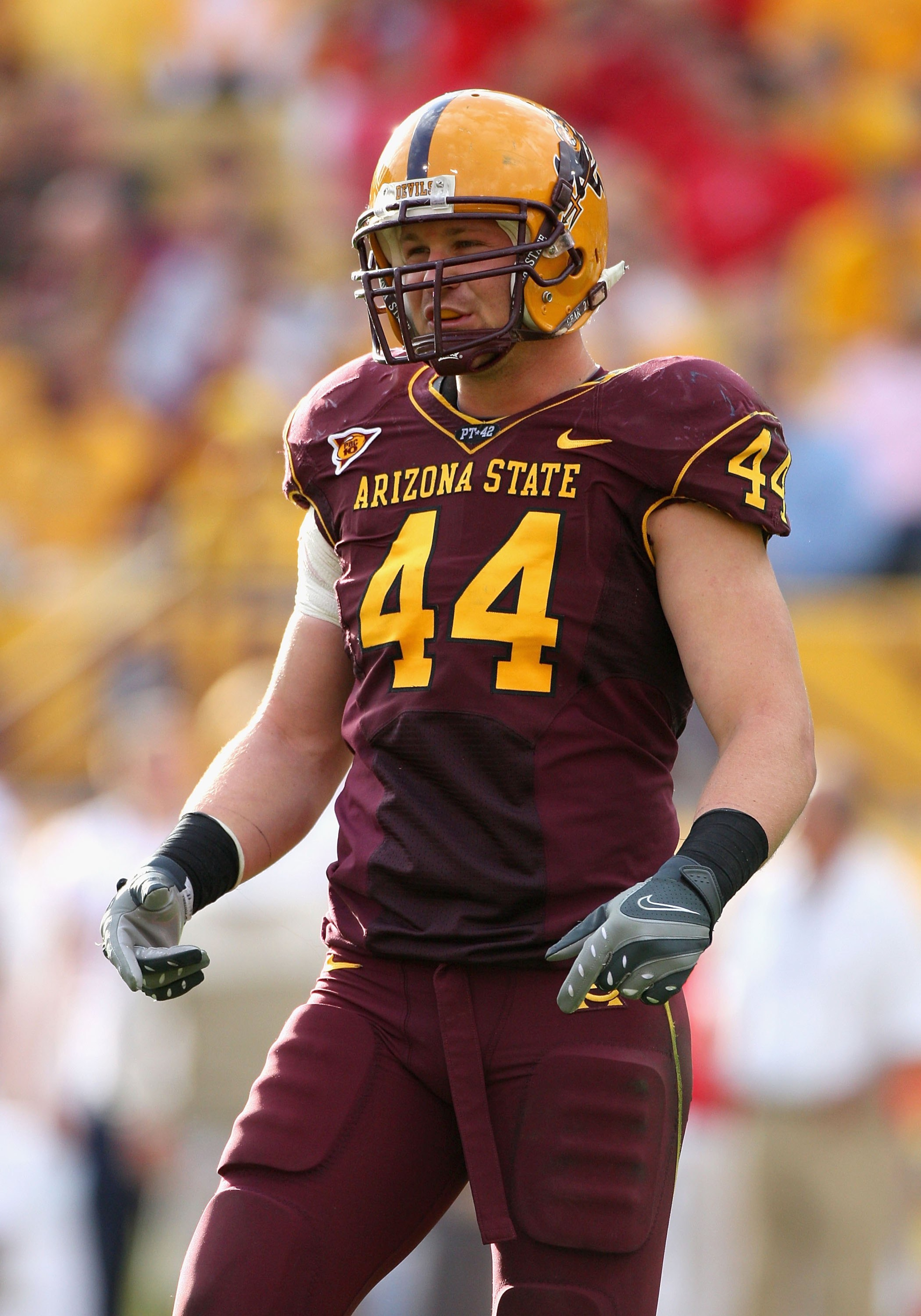 TEMPE, AZ - NOVEMBER 28: Linebacker Travis Goethel #44 of the Arizona State Sun Devils during the college football game against the Arizona Wildcats at Sun Devil Stadium on November 28, 2009 in Tempe, Arizona. The Wildcats defeated the Sun Devils 20-17. TEMPE, AZ - NOVEMBER 28: Linebacker Travis Goethel #44 of the Arizona State Sun Devils during the college football game against the Arizona Wildcats at Sun Devil Stadium on November 28, 2009 in Tempe, Arizona. The Wildcats defeated the Sun Devils 20-17.