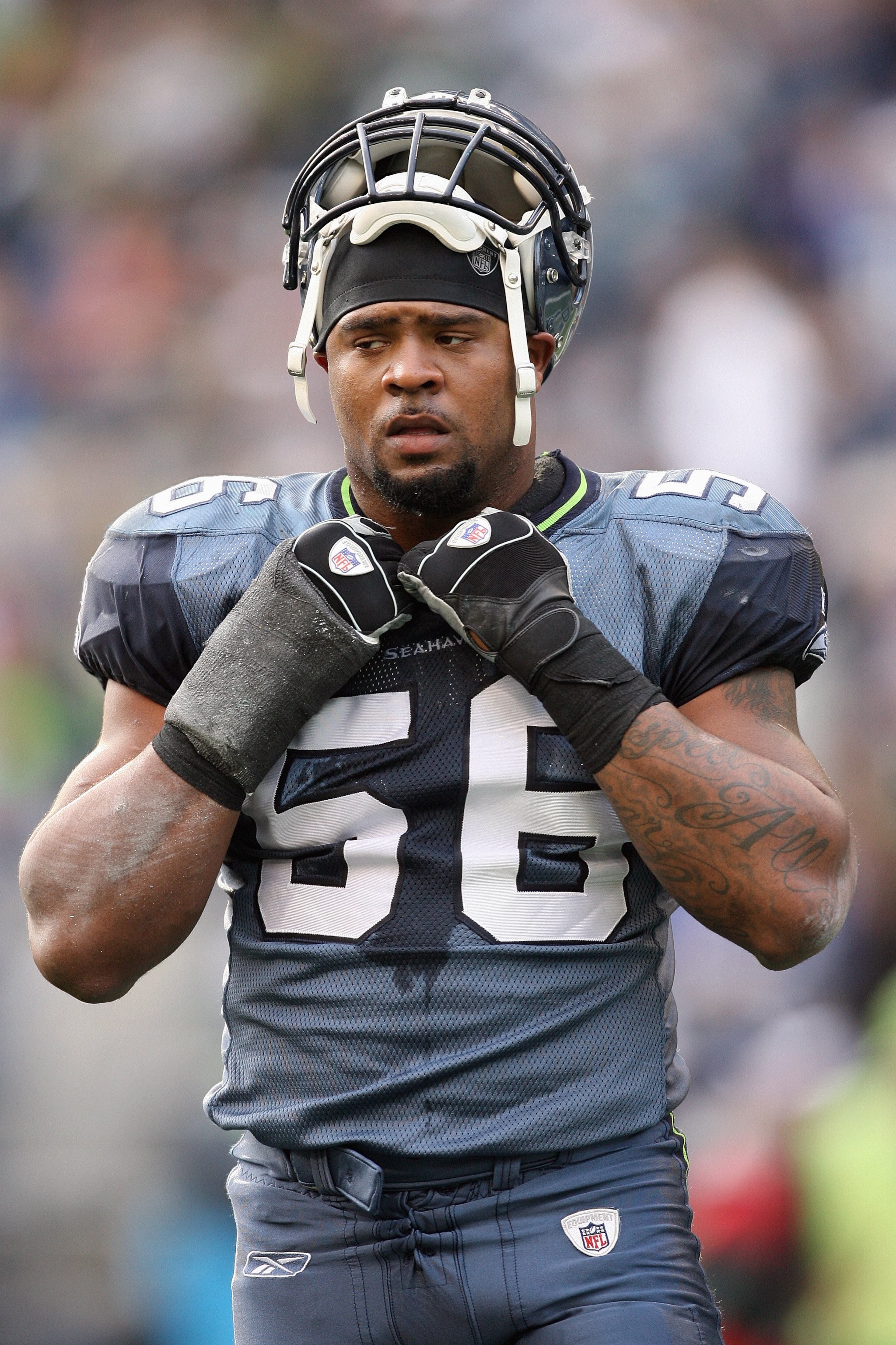 SEATTLE - NOVEMBER 02:  Leroy Hill #56 of the Seattle Seahawks stands on the field during the game against the Philadelphia Eagles at Qwest Field on November 2, 2008 in Seattle, Washington. (Photo by Otto Greule Jr/Getty Images)