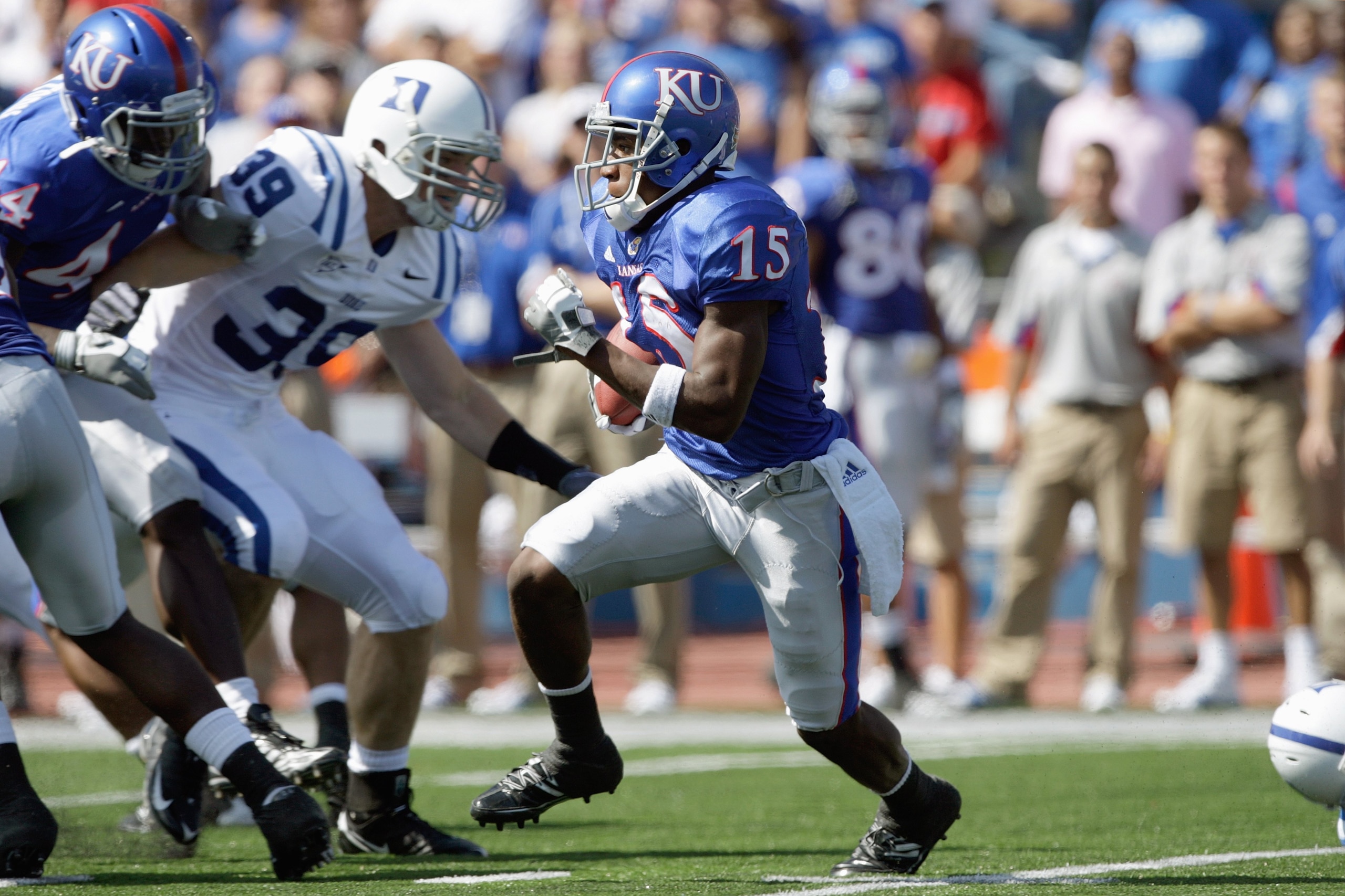 LAWRENCE, KS - SEPTEMBER 19:  Cornerback Daymond Patterson #15 of the Kansas Jayhawks carries the ball during the game against the Duke Blue Devils on Kivisto Field at Memorial Stadium on September 19, 2009 in Lawrence, Kansas. (Photo by Jamie Squire/Gett