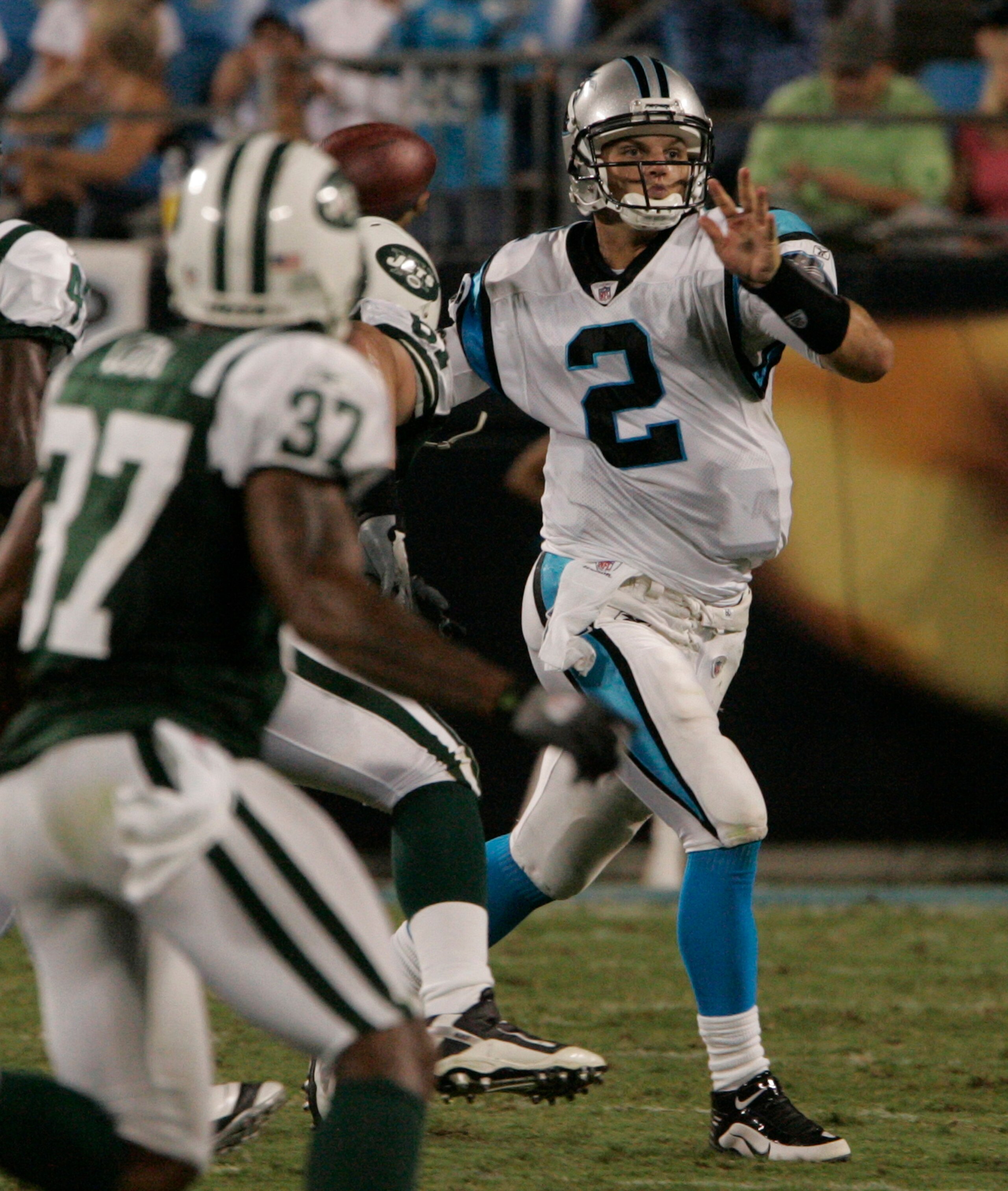 CHARLOTTE, NC -  AUGUST 21:  Quarterback Jimmy Clausen #2 of the Carolina Panthers throws during a preseason game against the New York Jets at Bank of America Stadium on August 21, 2010 in Charlotte, North Carolina. (Photo by Mary Ann Chastain/Getty Image