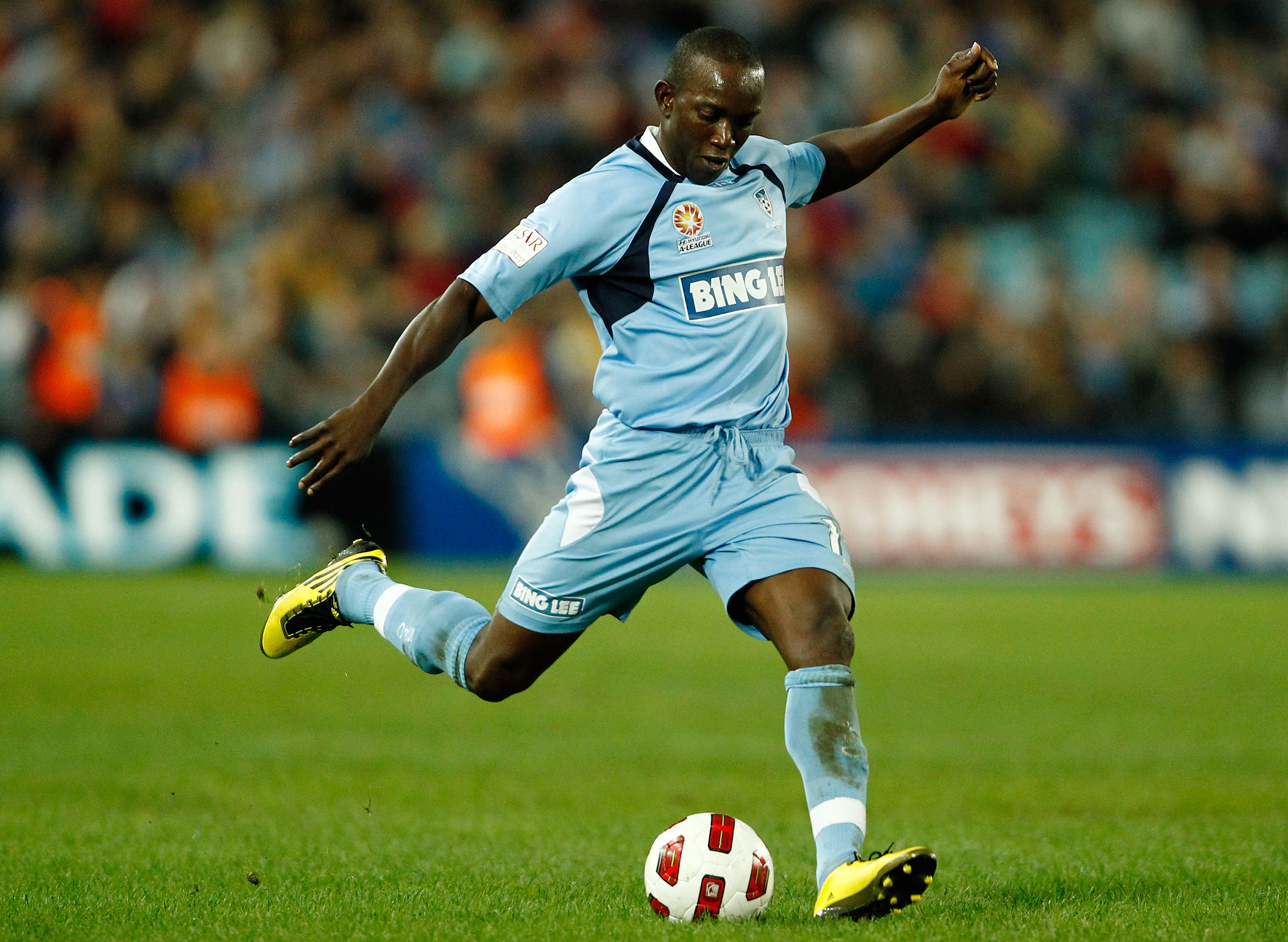 SYDNEY, AUSTRALIA - JULY 10: Dwight Yorke of Sydney FC shoots for goal during a pre-season friendly match between Sydney FC and Everton FC at ANZ Stadium on July 10, 2010 in Sydney, Australia.  (Photo by Brendon Thorne/Getty Images)