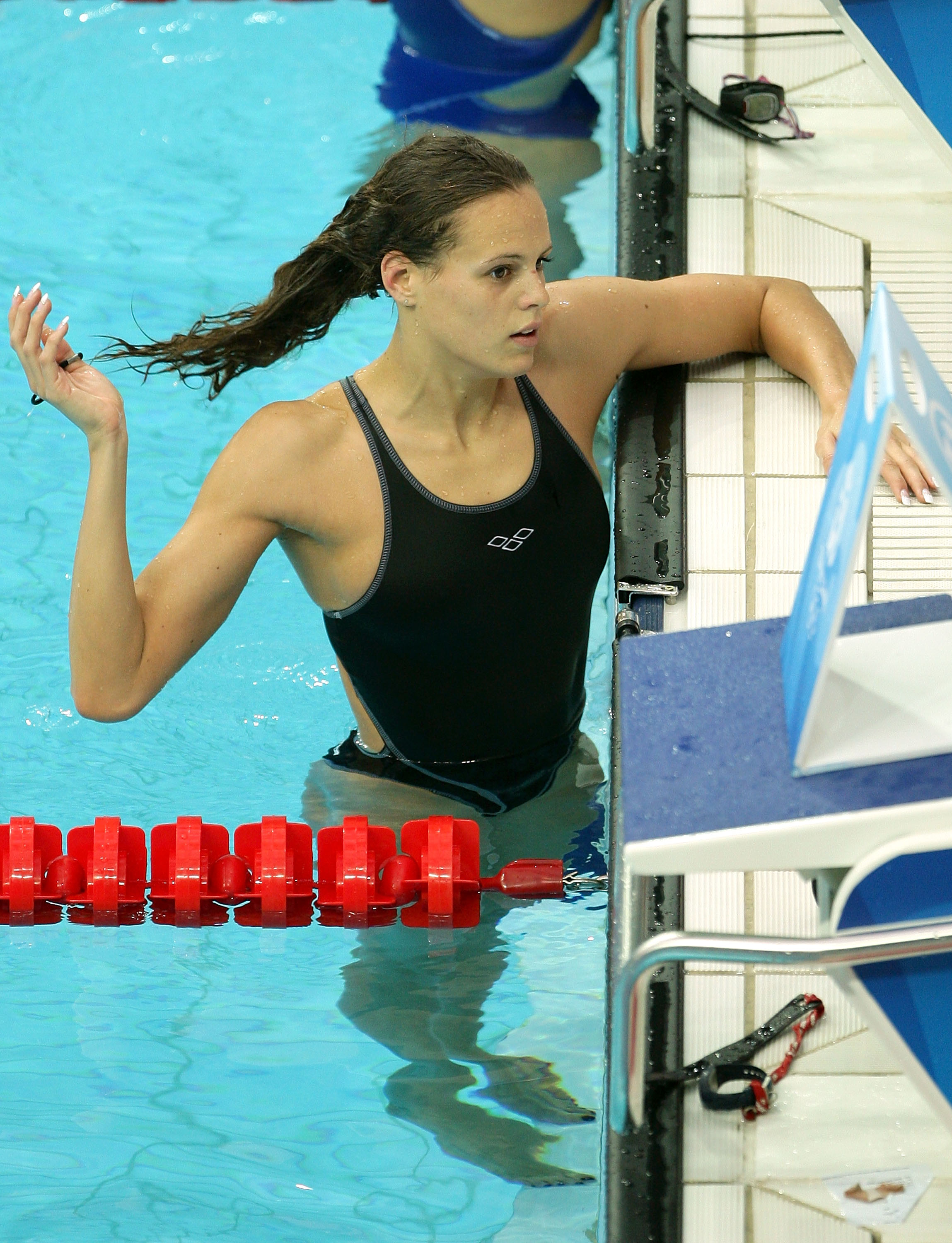 BEIJING - AUGUST 05:  Laure Manaudou of France finishes her practice session at the National Aquatics Center ahead of the Beijing 2008 Olympic Games on August 5, 2008 in Beijing, China.  (Photo by Mark Dadswell/Getty Images)