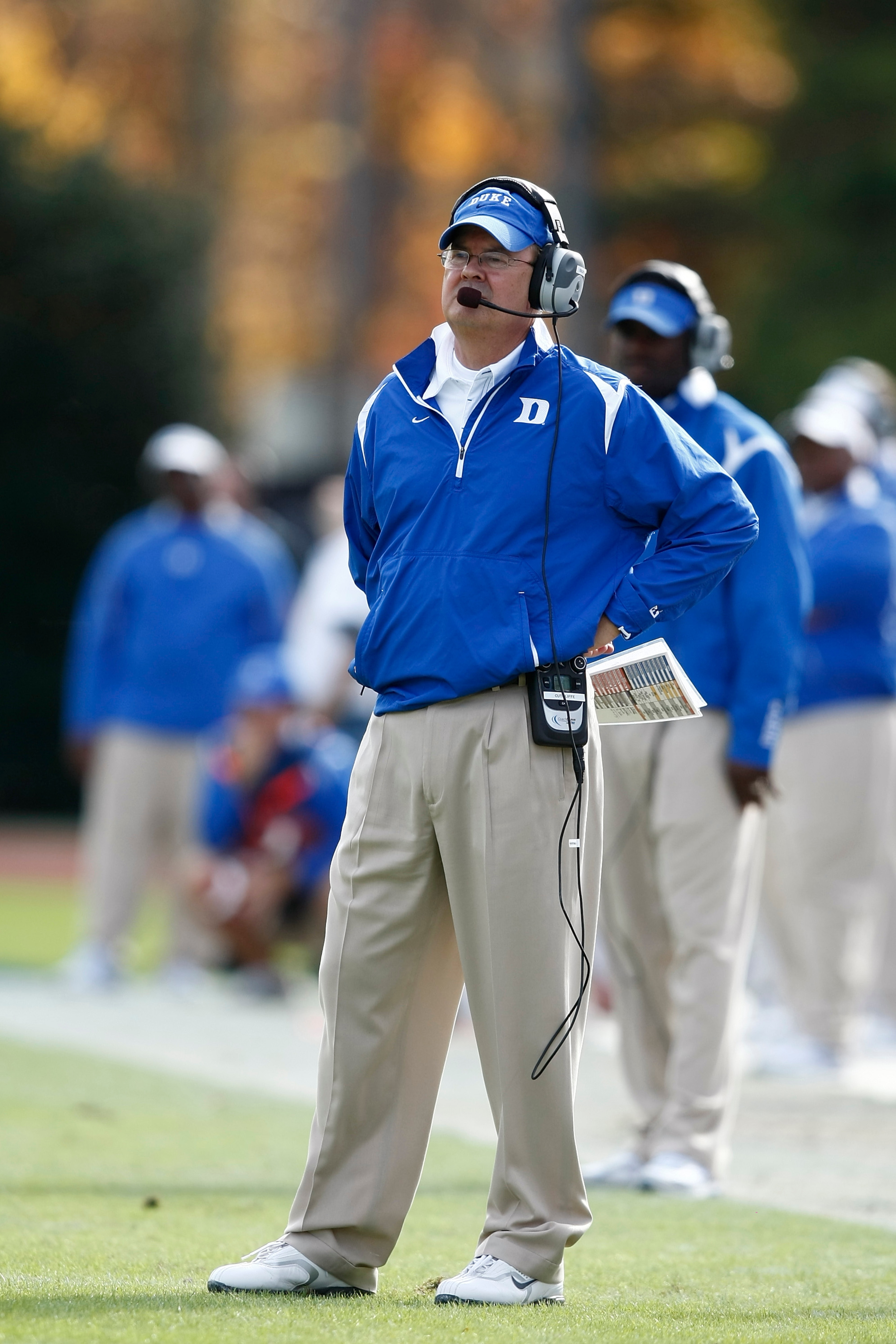 DURHAM, NC - NOVEMBER 14: Head coach David Cutcliffe of the Duke Blue Devils looks on against the Georgia Tech Yellow Jackets at Wallace Wade Stadium on November 14, 2009 in Durham, North Carolina. (Photo by Joe Robbins/Getty Images) DURHAM, NC - NOVEMBER 14: Head coach David Cutcliffe of the Duke Blue Devils looks on against the Georgia Tech Yellow Jackets at Wallace Wade Stadium on November 14, 2009 in Durham, North Carolina. (Photo by Joe Robbins/Getty Images)