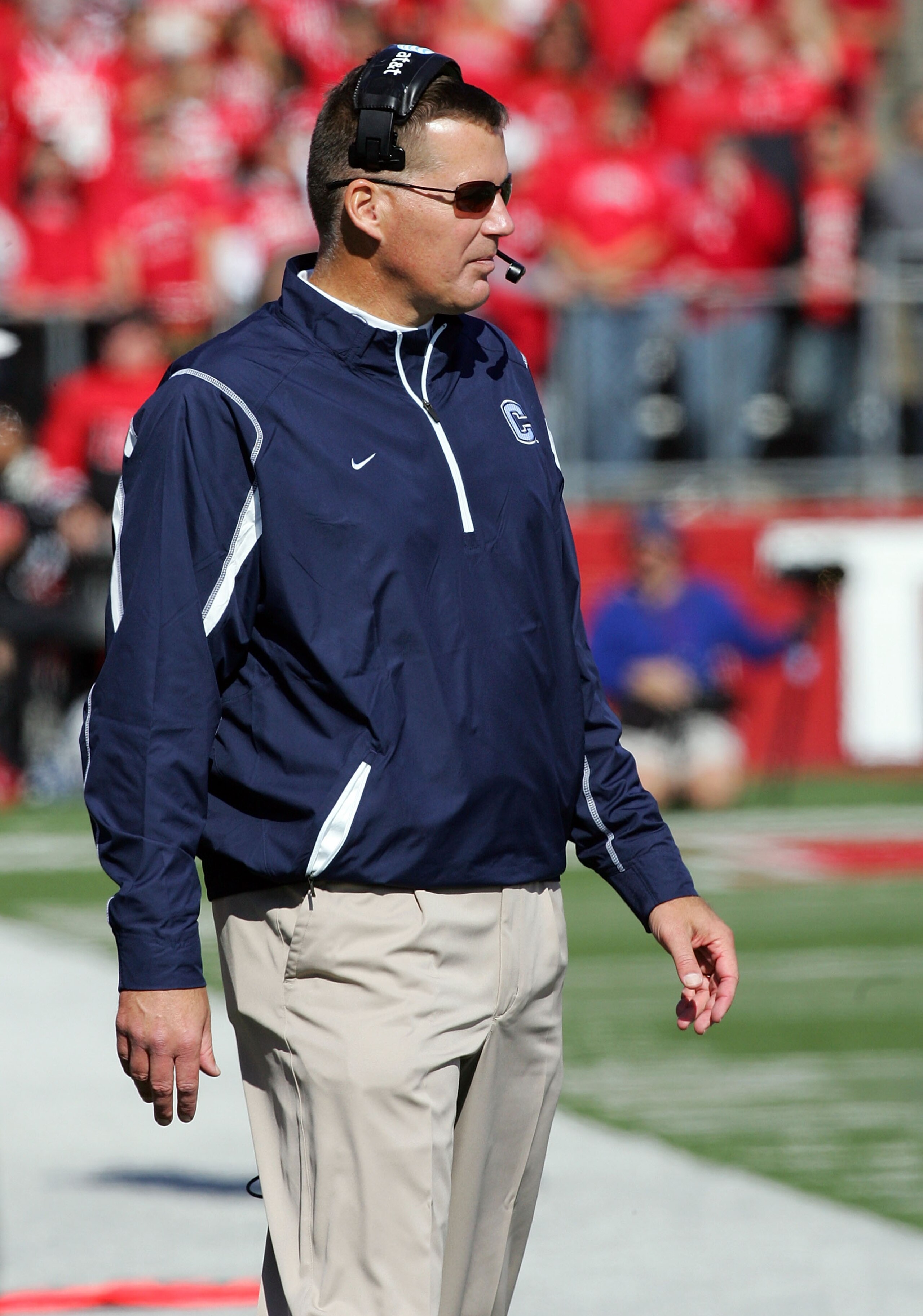 PISCATAWAY, NJ - OCTOBER 18:  Head coach Randy Edsall of the Connecticut Huskies looks on against the Rutgers Scarlet Knights at Rutgers Stadium on October 18, 2008 in Piscataway, New Jersey. Rutgers defeated Connecticut 12-10.  (Photo by Jim McIsaac/Gett