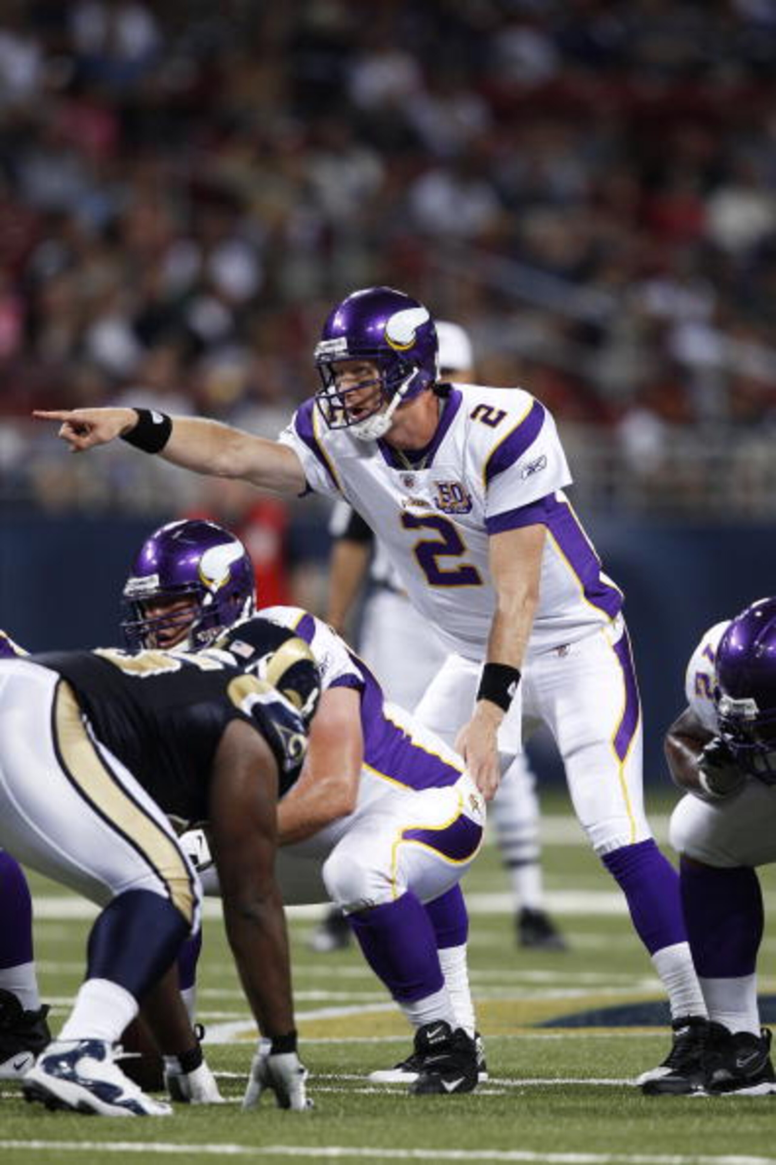 ST. LOUIS, MO - AUGUST 14: Sage Rosenfels #2 of the Minnesota Vikings calls out a play at the line against the St. Louis Rams during the preseason game at Edward Jones Dome on August 14, 2010 in St. Louis, Missouri. (Photo by Joe Robbins/Getty Images)