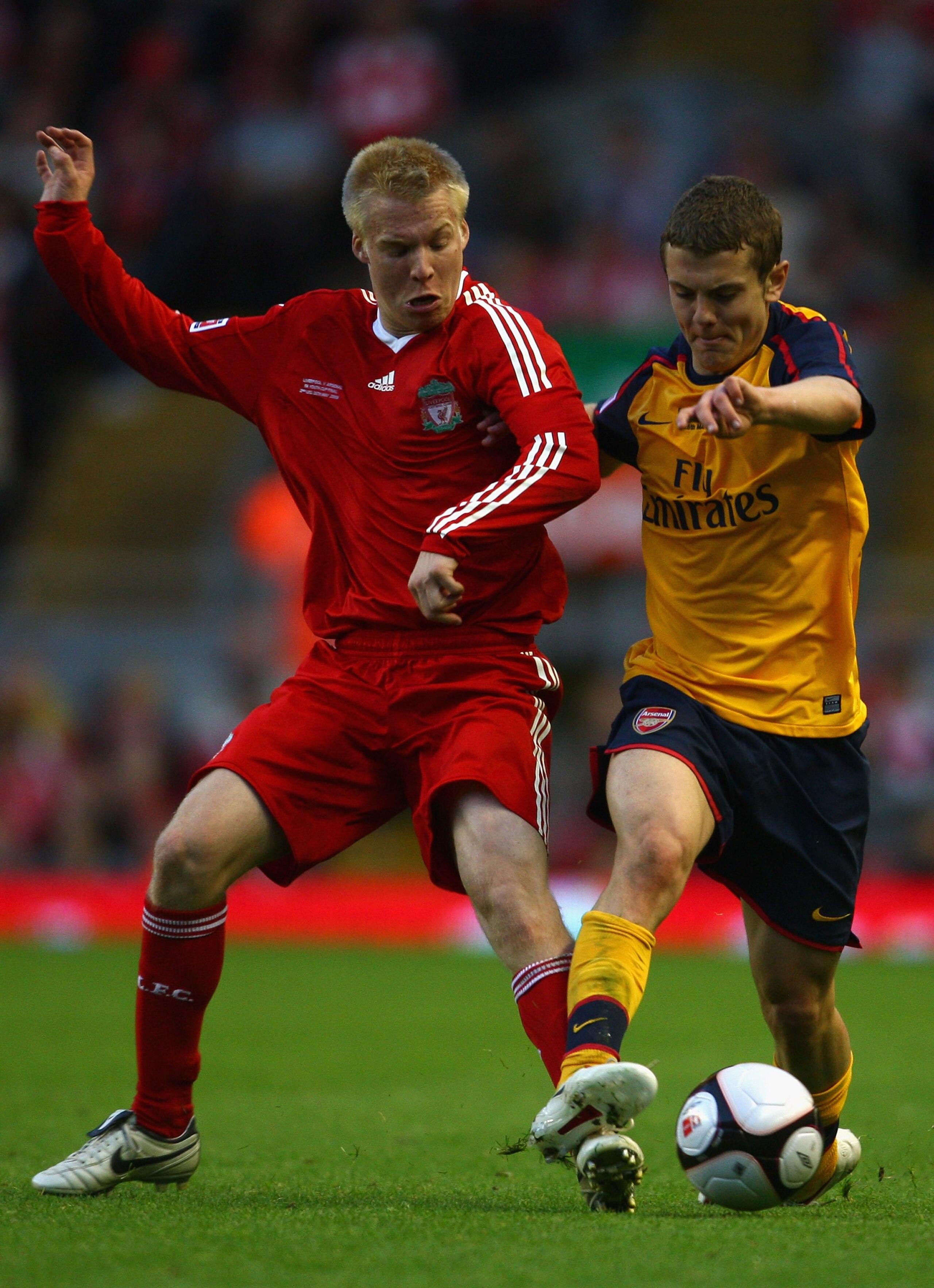 LIVERPOOL, ENGLAND - MAY 26:  Lauri Dalla Valle of Liverpool battles with Jack Wilshere of Arsenal during the second leg of the FA Youth Cup final sponsored by E.ON, between Liverpool and Arsenal at Anfield on May 26, 2009 in Liverpool, England.  (Photo b