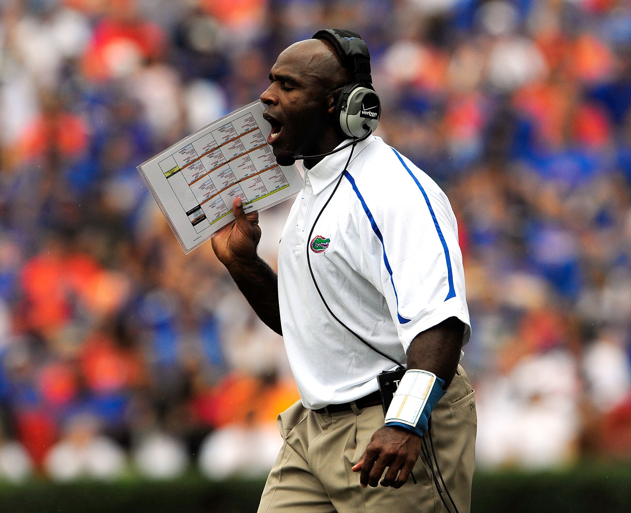 GAINESVILLE, FL - SEPTEMBER 12:  Defensive coordinator Charlie Strong of the Florida Gators calls out a signal during the game against the Troy Trojans at Ben Hill Griffin Stadium on September 12, 2009 in Gainesville, Florida.  (Photo by Sam Greenwood/Get