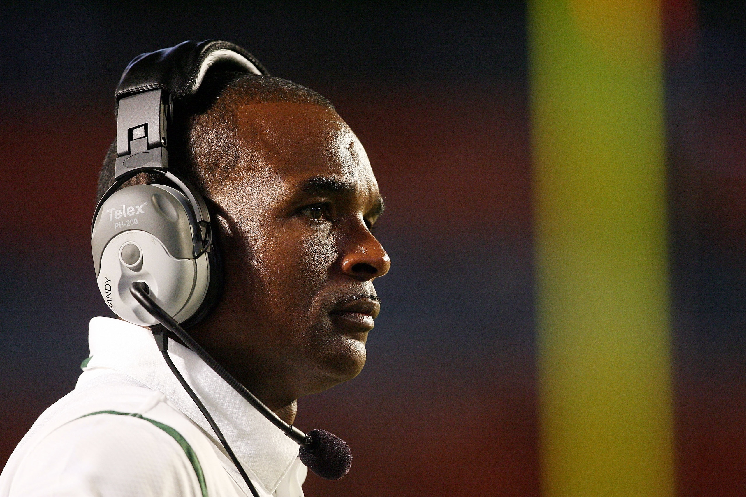 FORT LAUDERDALE, FL - SEPTEMBER 17: Head coach Randy Shannon of the Miami Hurricanes watches his team take on the Georgia Tech Yellow Jackets at Land Shark Stadium on September 17, 2009 in Fort Lauderdale, Florida. Miami defeated Georgia Tech 33-17.  (Pho