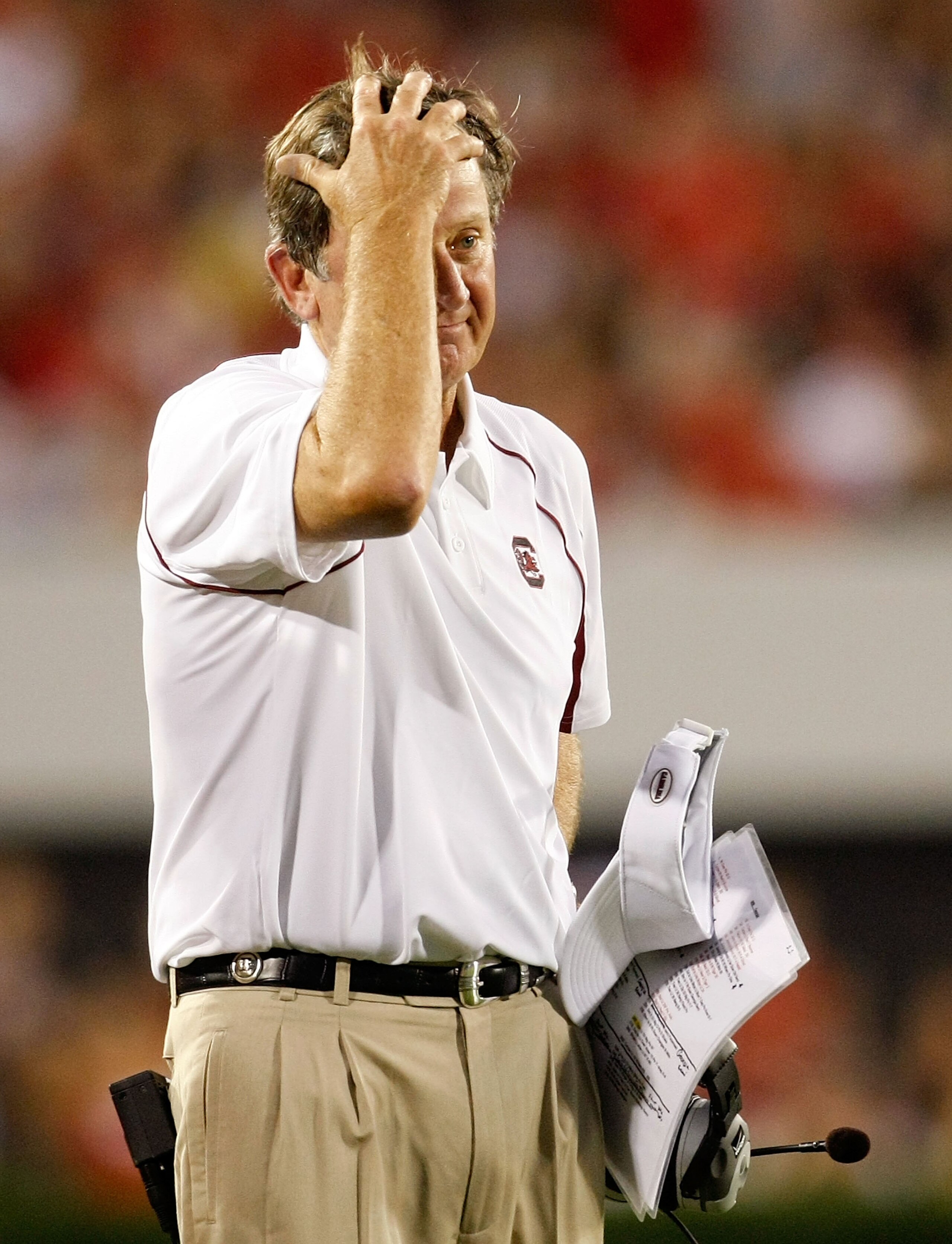 ATHENS, GA - SEPTEMBER 12:  Head coach Steve Spurrier of the South Carolina Gamecocks questions a call during the game against the Georgia Bulldogs at Sanford Stadium on September 12, 2009 in Athens, Georgia.  (Photo by Kevin C. Cox/Getty Images)
