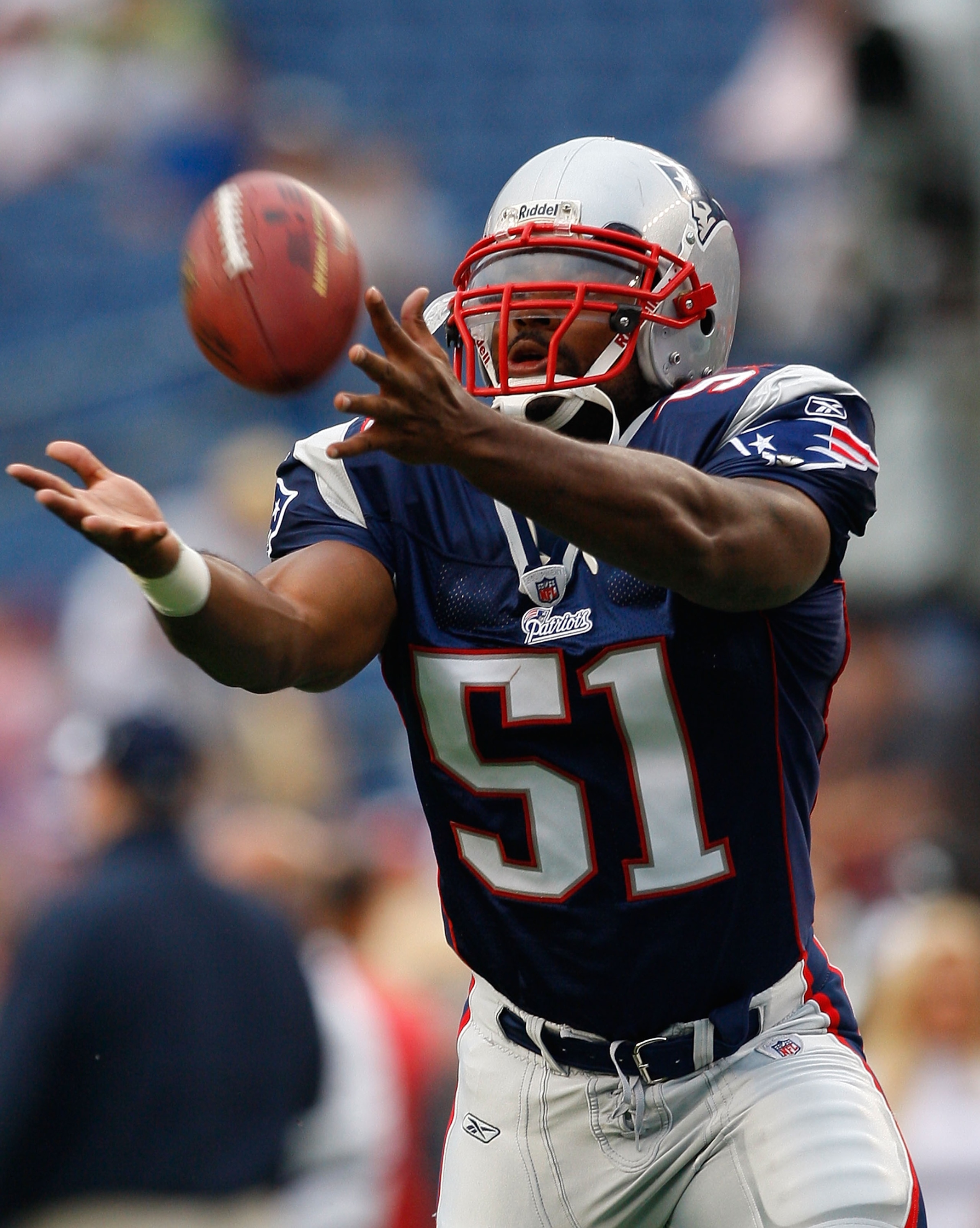 FOXBORO, MA - AUGUST 7:  Jerod Mayo #51 of the New England Patriots participates in a drill before a preseason game against the Baltimore Ravens at Gillette Stadium on August 7, 2008 in Foxboro, Massachusetts. (Photo by Jim Rogash/Getty Images)
