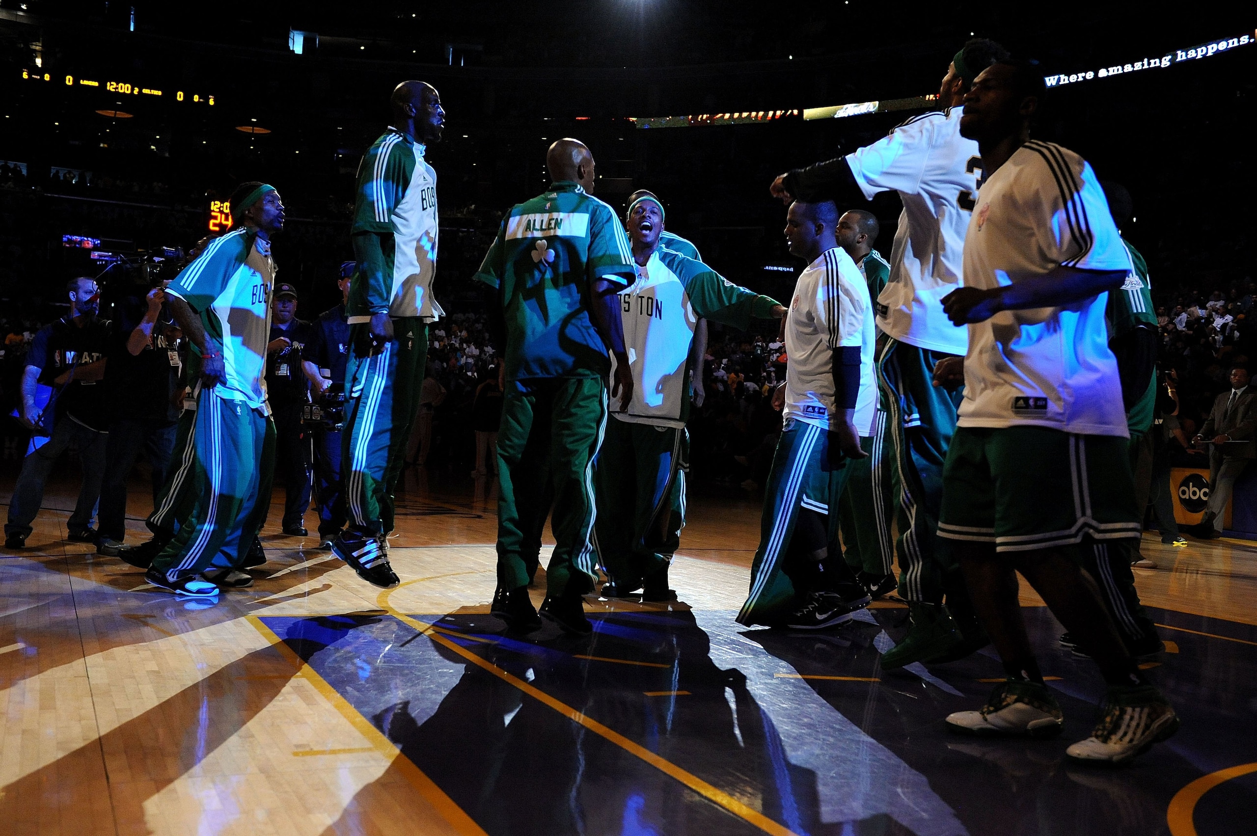 LOS ANGELES, CA - JUNE 06:  Kevin Garnett #5, Ray Allen #20 and Paul Pierce #34 of the Boston Celtics get ready to play against the Los Angeles Lakers in Game Two of the 2010 NBA Finals at Staples Center on June 6, 2010 in Los Angeles, California. NOTE TO