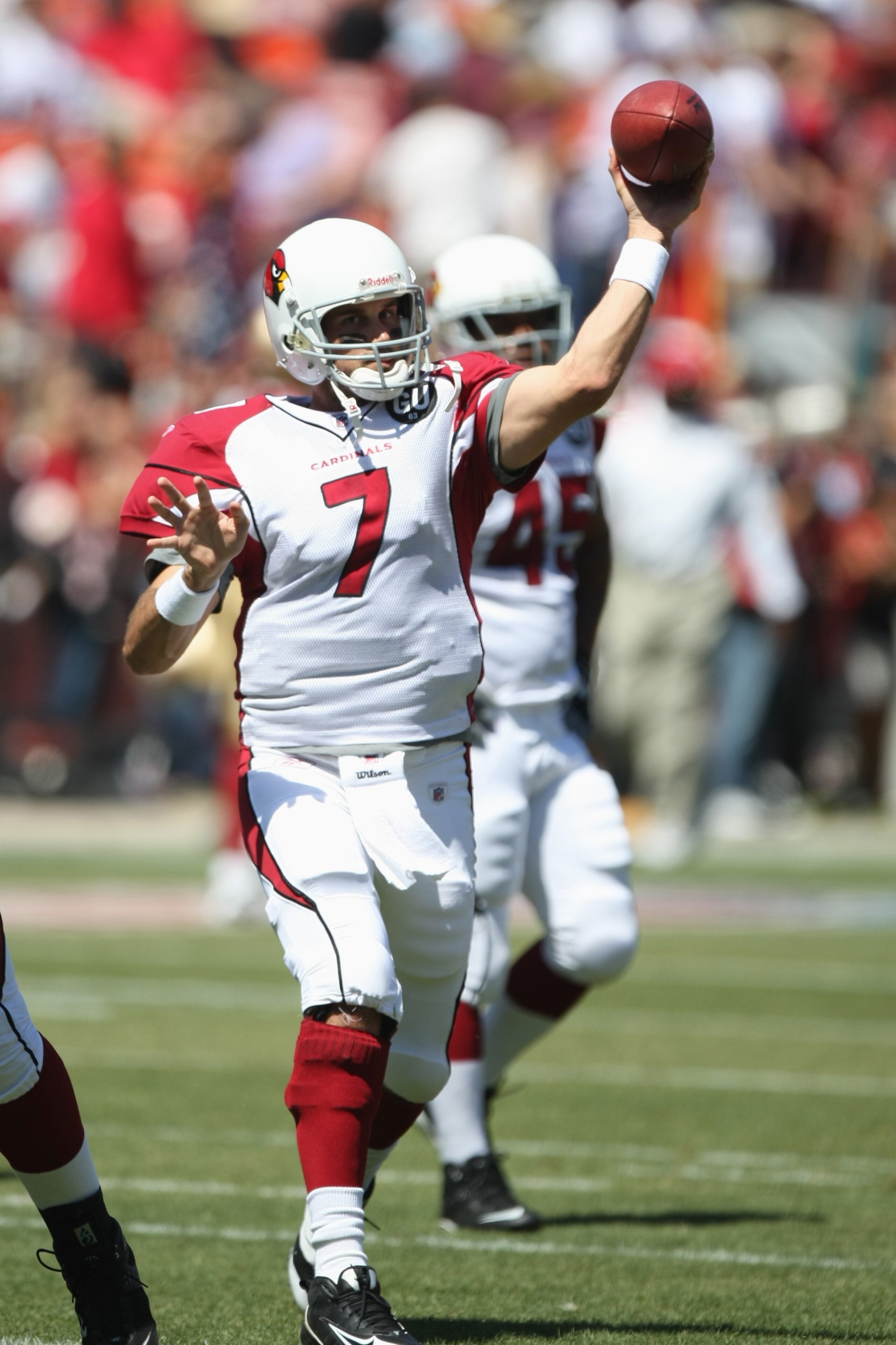 SAN FRANCISCO - SEPTEMBER 7: Matt Leinart #7 of the Arizona Cardinals warms up before the game against the San Francisco 49ers on September 7, 2008 at Bill Walsh Field at Candlestick Park in San Francisco, California. (Photo by Jed Jacobsohn/Getty Images SAN FRANCISCO - SEPTEMBER 7: Matt Leinart #7 of the Arizona Cardinals warms up before the game against the San Francisco 49ers on September 7, 2008 at Bill Walsh Field at Candlestick Park in San Francisco, California. (Photo by Jed Jacobsohn/Getty Images