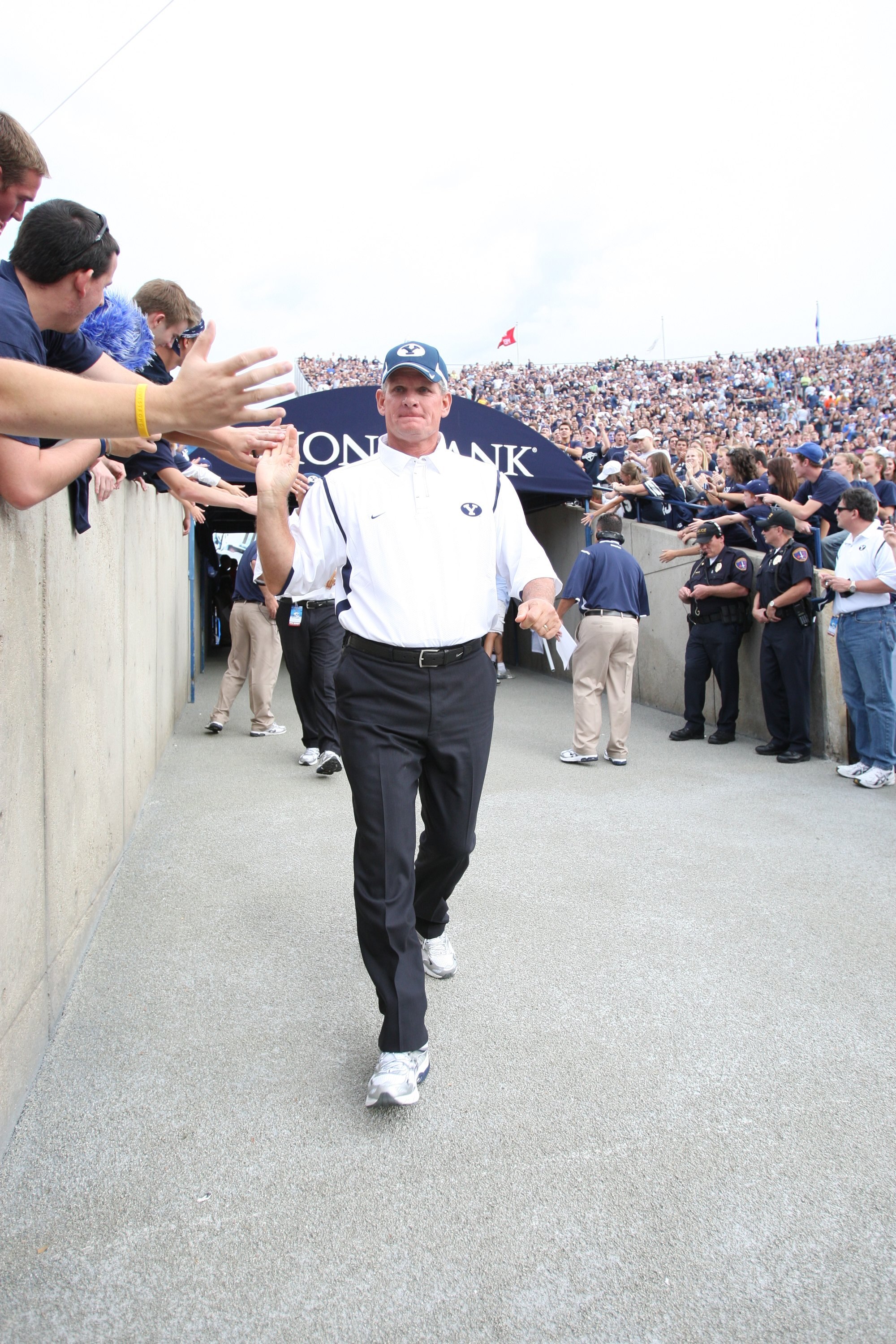 PROVO, UT - SEPTEMBER 19:  Head Coach Bronco Mendenhall of Brigham Young University Cougars walks onto the field prior to the game against Florida State Seminoles at La Vell Edwards Stadium on September 19, 2009 in Provo, Utah.  (Photo by Melissa Majchrza
