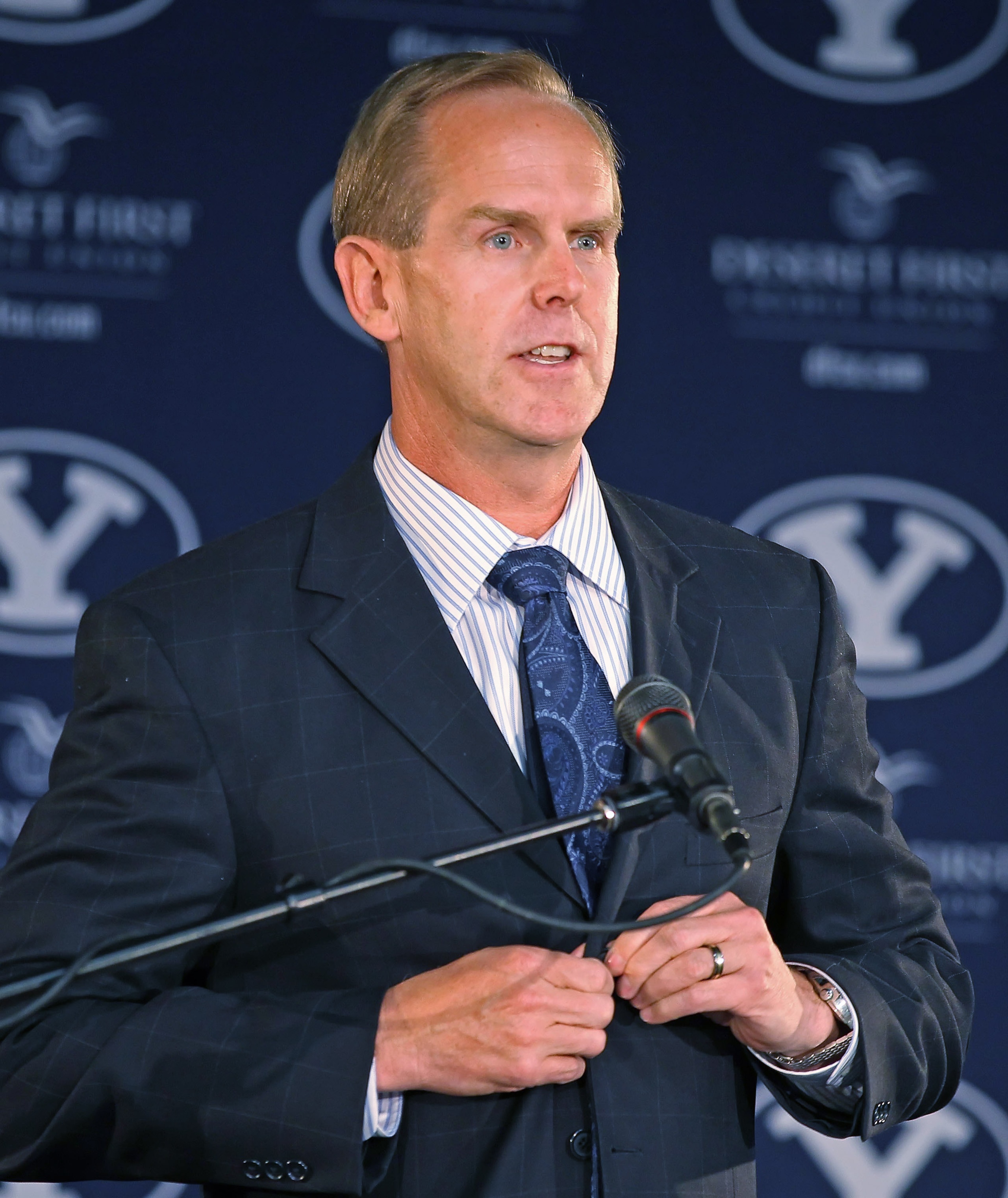 PROVO, UT - SEPTEMBER 1:  BYU  Athletic Director Tom Holmoe announces that BYU football will become independent in football in 2011 separating from the Mountain West Conference, September 1, 2010 in Provo, Utah. The remaining BYU sports will become affili