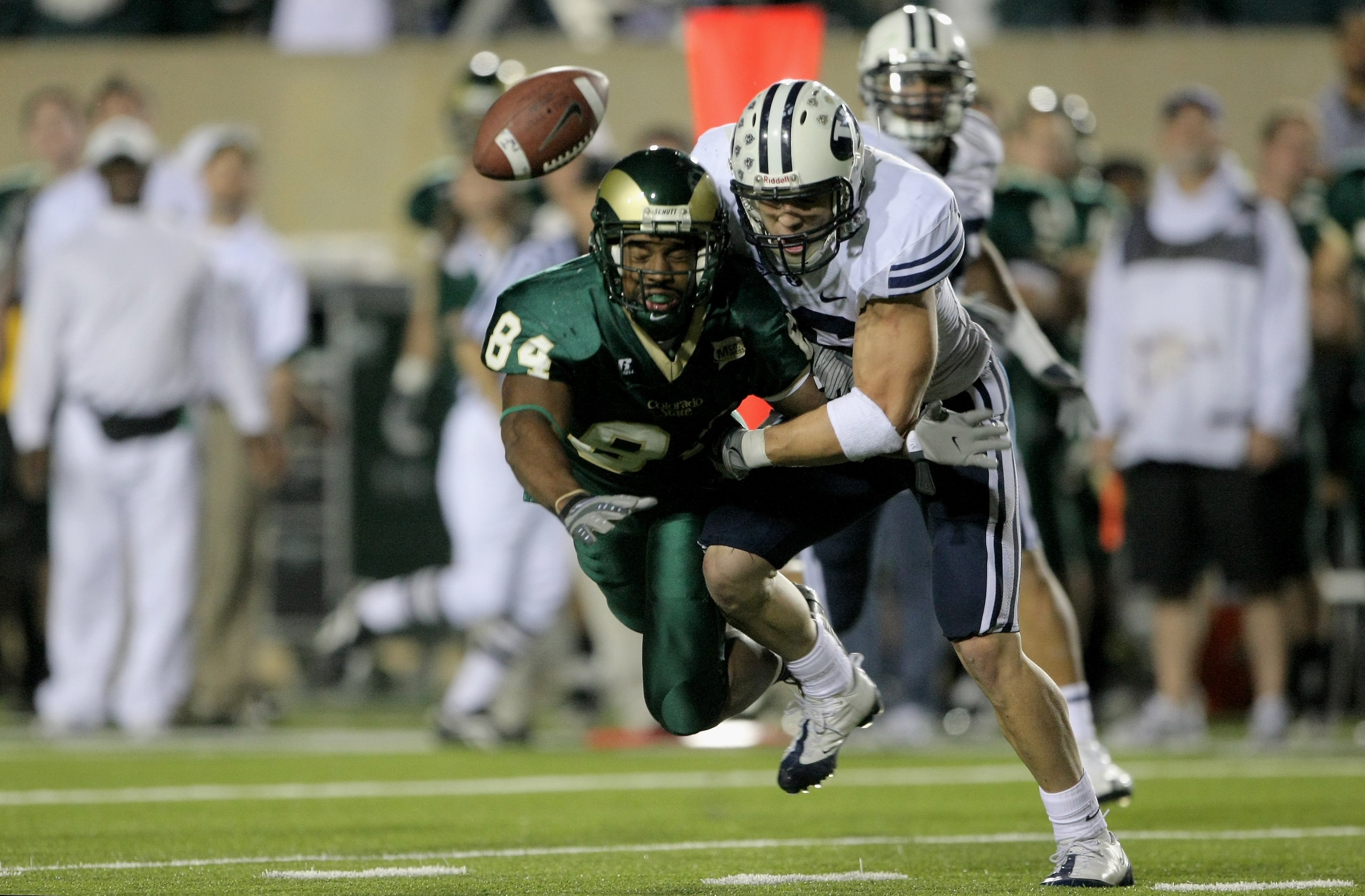 FORT COLLINS, CO - NOVEMBER 01:  Wide receiver Rashaun Greer #84 of the Colorado State Rams has a pass broken up by safety Kellen Fowler #16 of the Brigham Young Cougars at Sonny Lubick Field at Hughes Stadium on November 1, 2008 in Fort Collins, Colorado