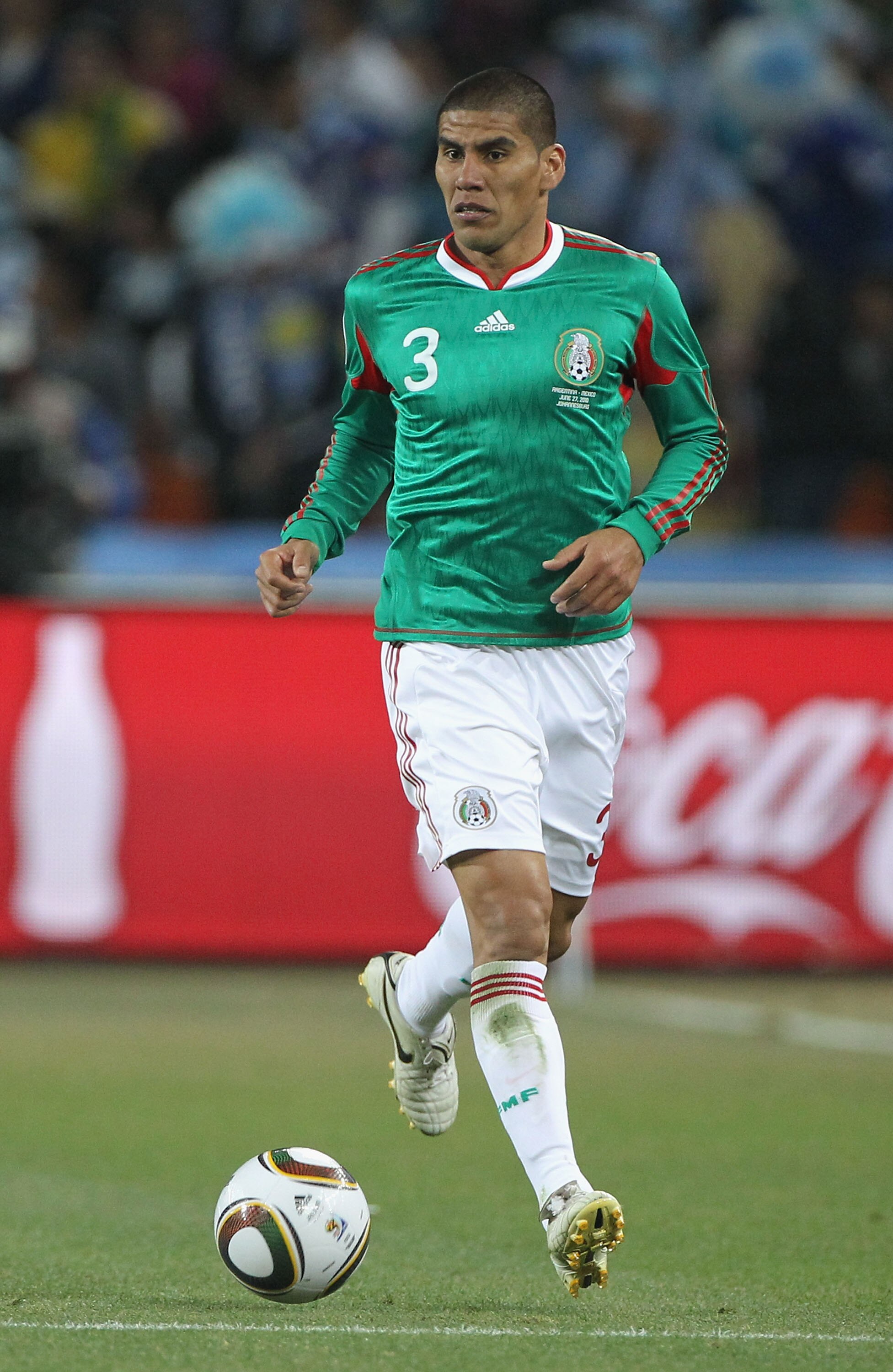 JOHANNESBURG, SOUTH AFRICA - JUNE 27: Carlos Salcido of Mexico in action during the 2010 FIFA World Cup South Africa Round of Sixteen match between Argentina and Mexico at Soccer City Stadium on June 27, 2010 in Johannesburg, South Africa.  (Photo by Doug
