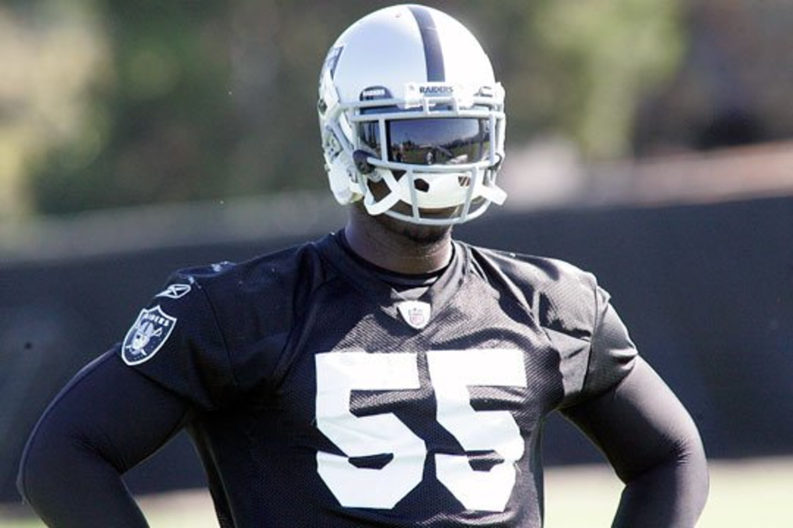 McClain waits for the start of the next play in practice.