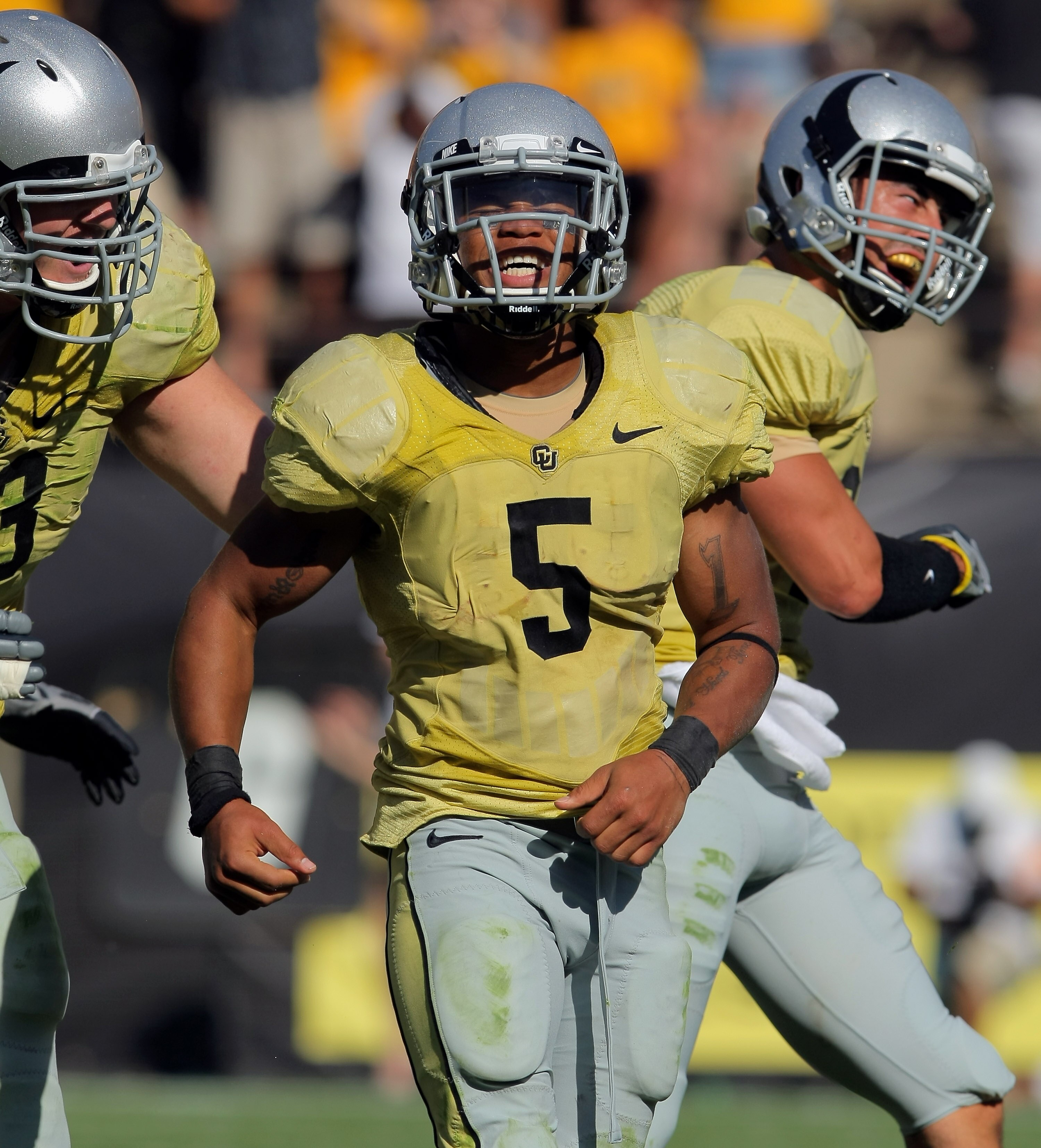 BOULDER, CO - SEPTEMBER 19:  Running back Rodney Stewart #5 of the Colorado Buffaloes celebrates his third quarter touchdown against the Wyoming Cowboys at Folsom Field on September 19, 2009 in Boulder, Colorado. Stewart's third quarter touchdown gave the